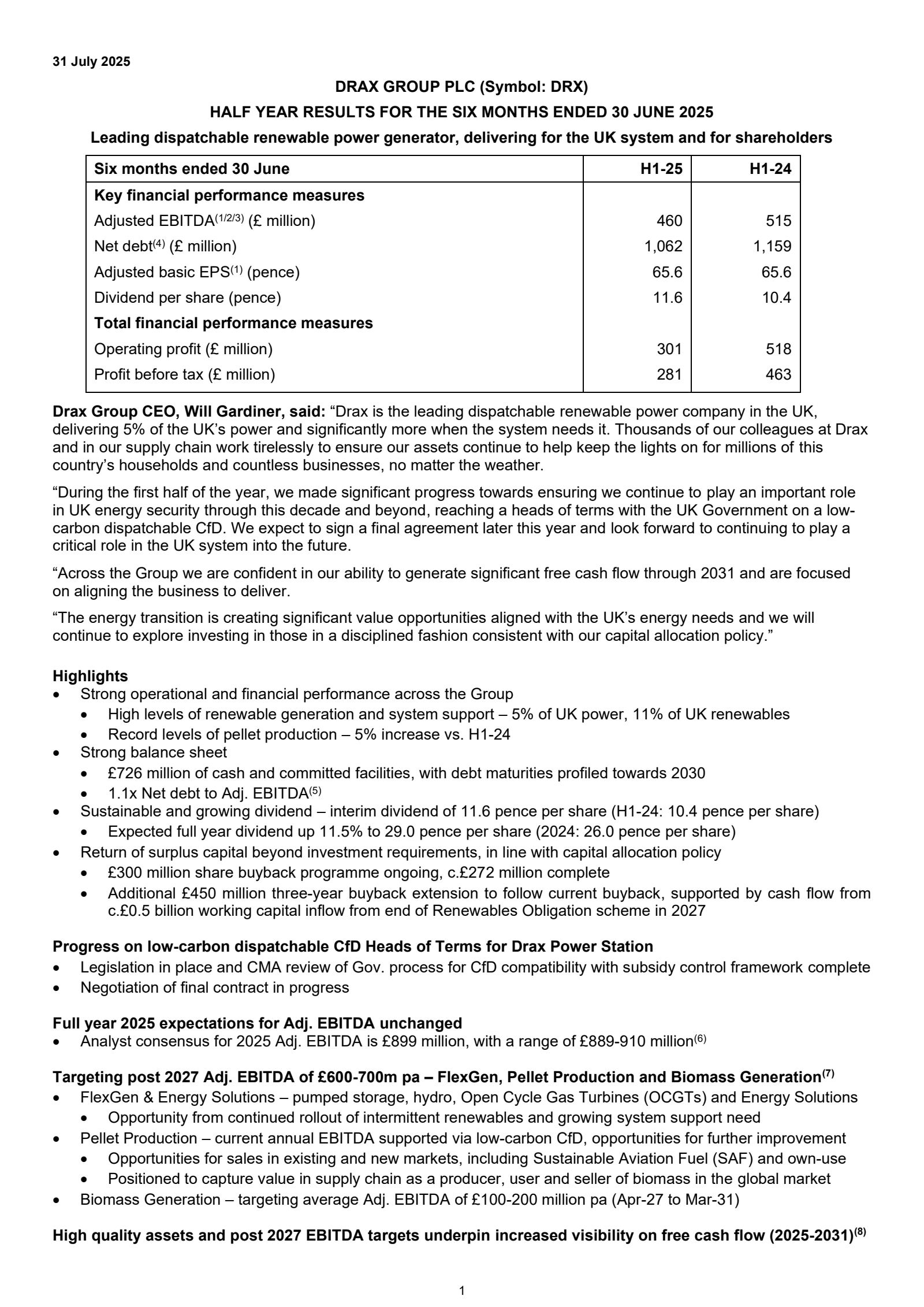 Drax Group's H1 2025 Interim report