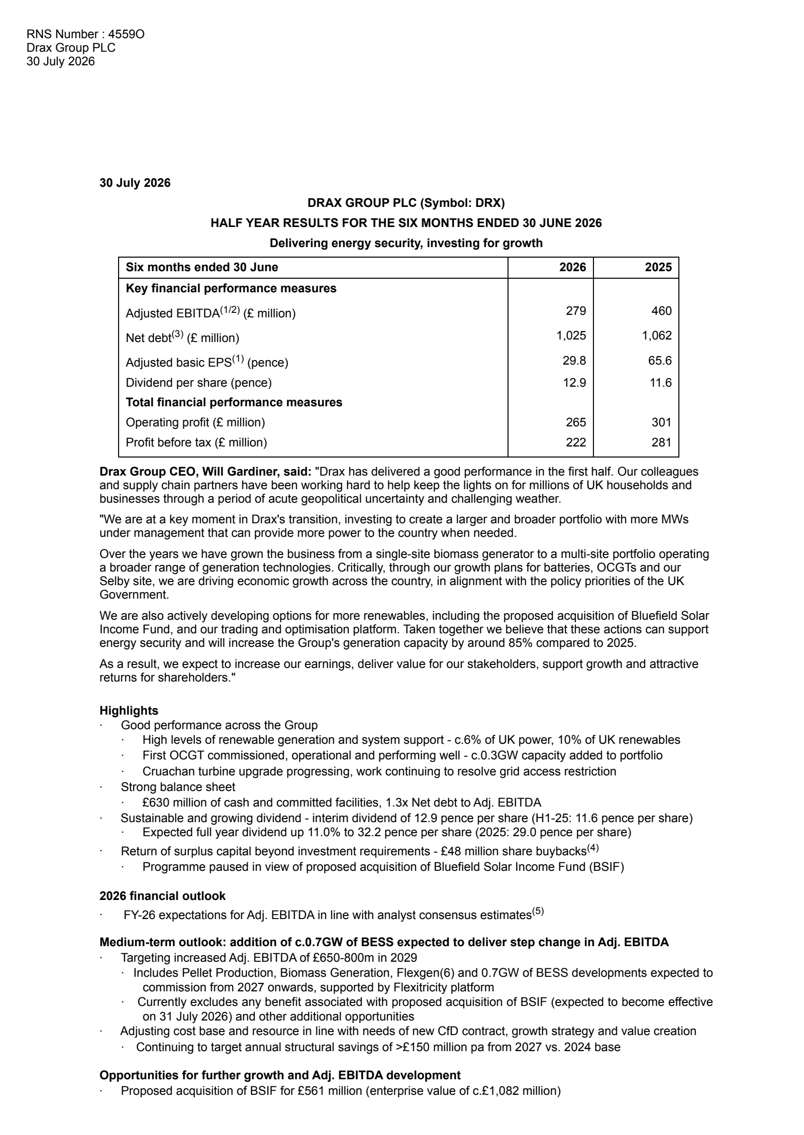 Drax Group's H1 2026 Interim report