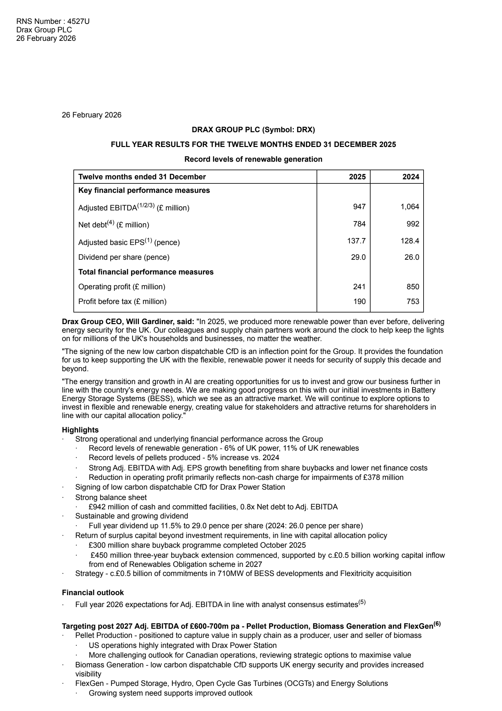Drax Group's H2 2025 Interim report