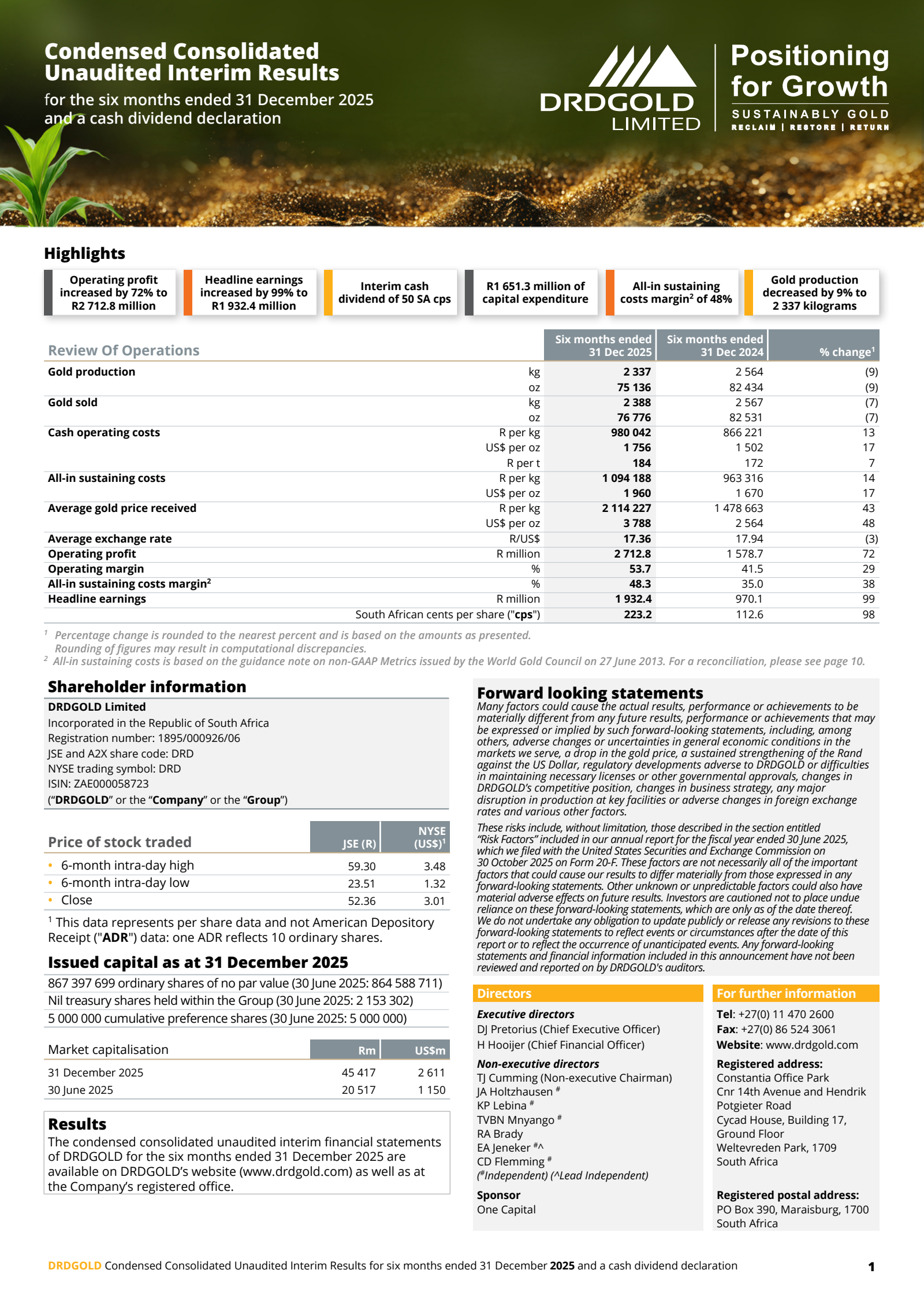 DRDGOLD's H1 2026 Press Release