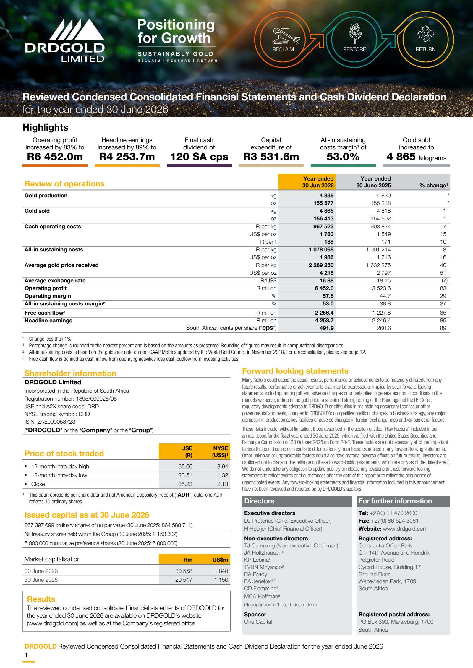 DRDGOLD's H2 2026 Press Release
