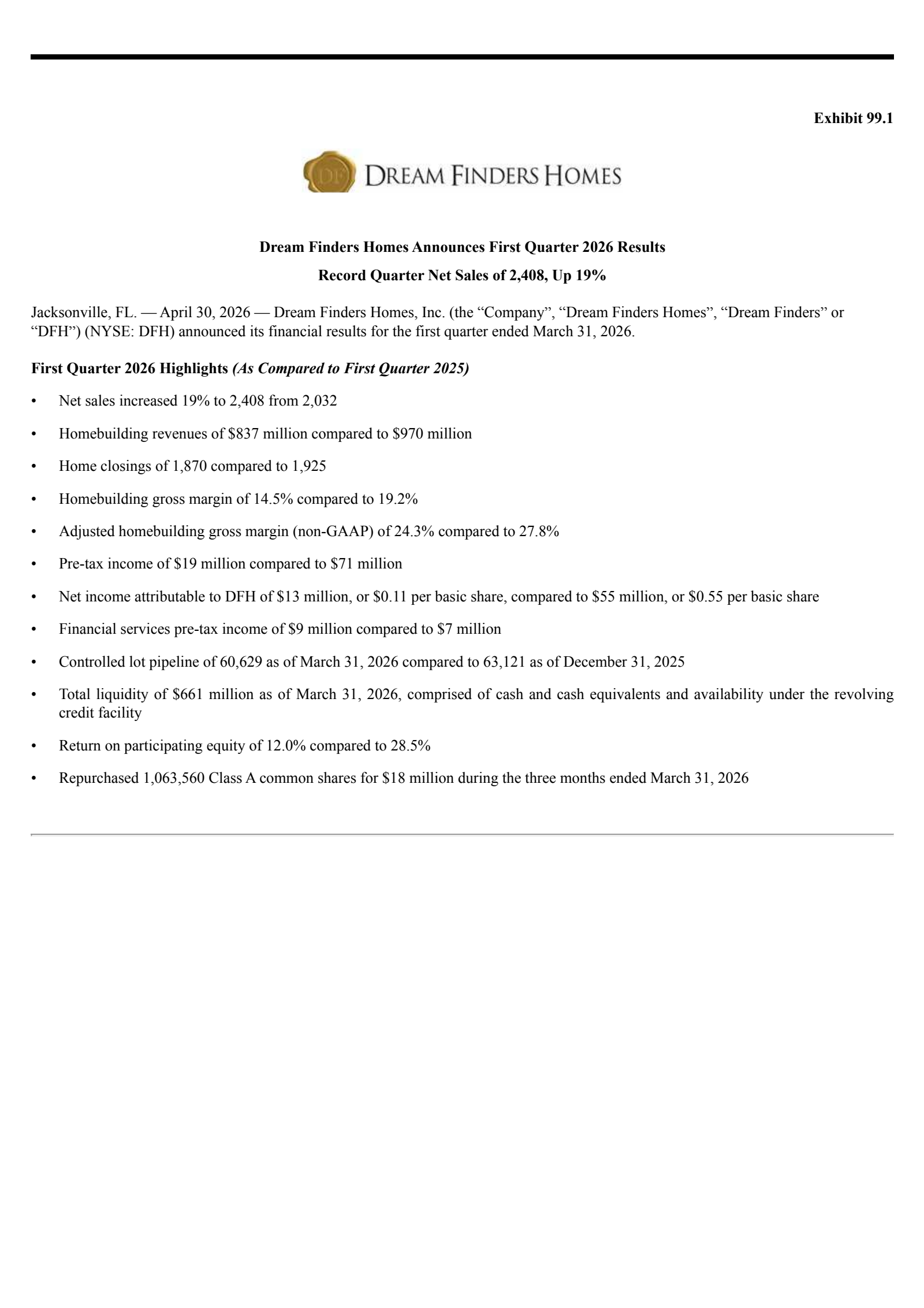 Dream Finders Homes' Q1 2026 Press Release