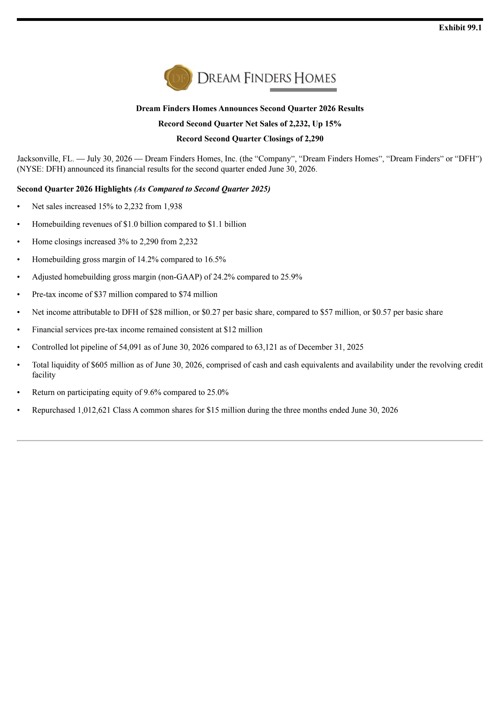 Dream Finders Homes' Q2 2026 Press Release