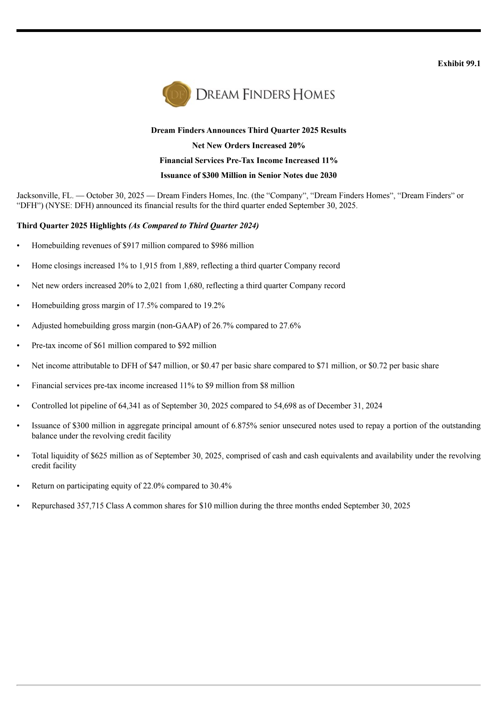 Dream Finders Homes' Q3 2025 Earnings Release