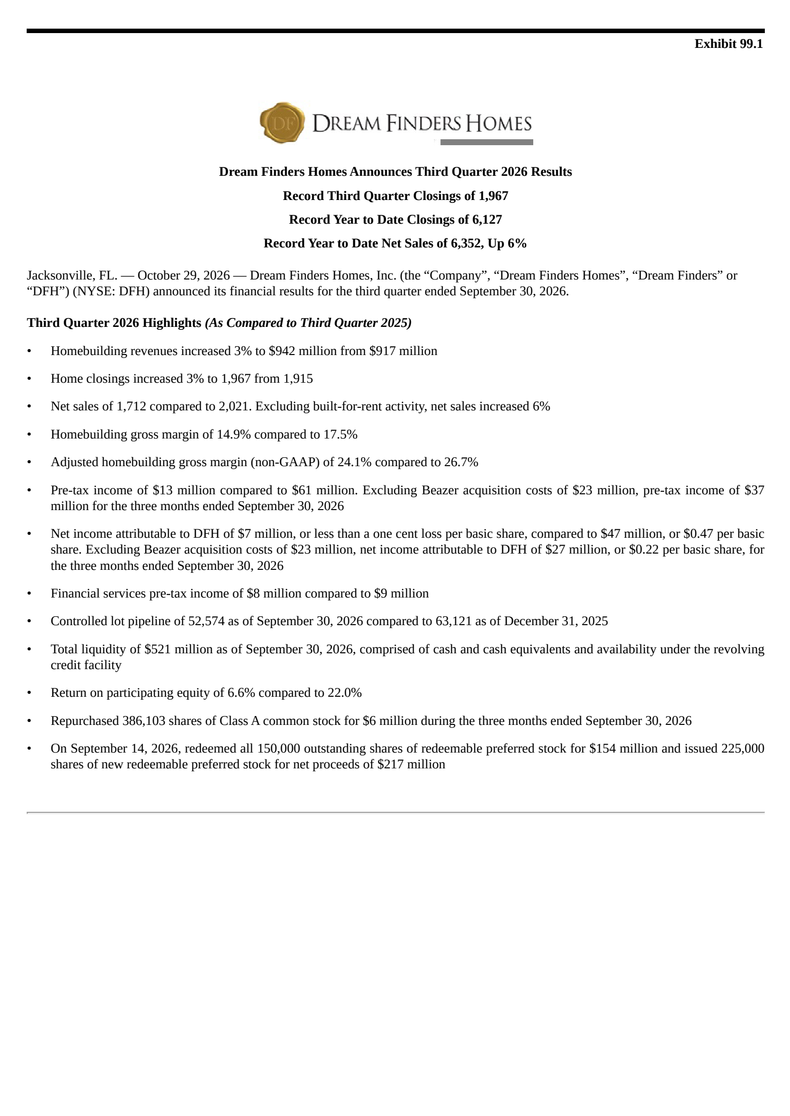 Dream Finders Homes' Q3 2026 Press Release