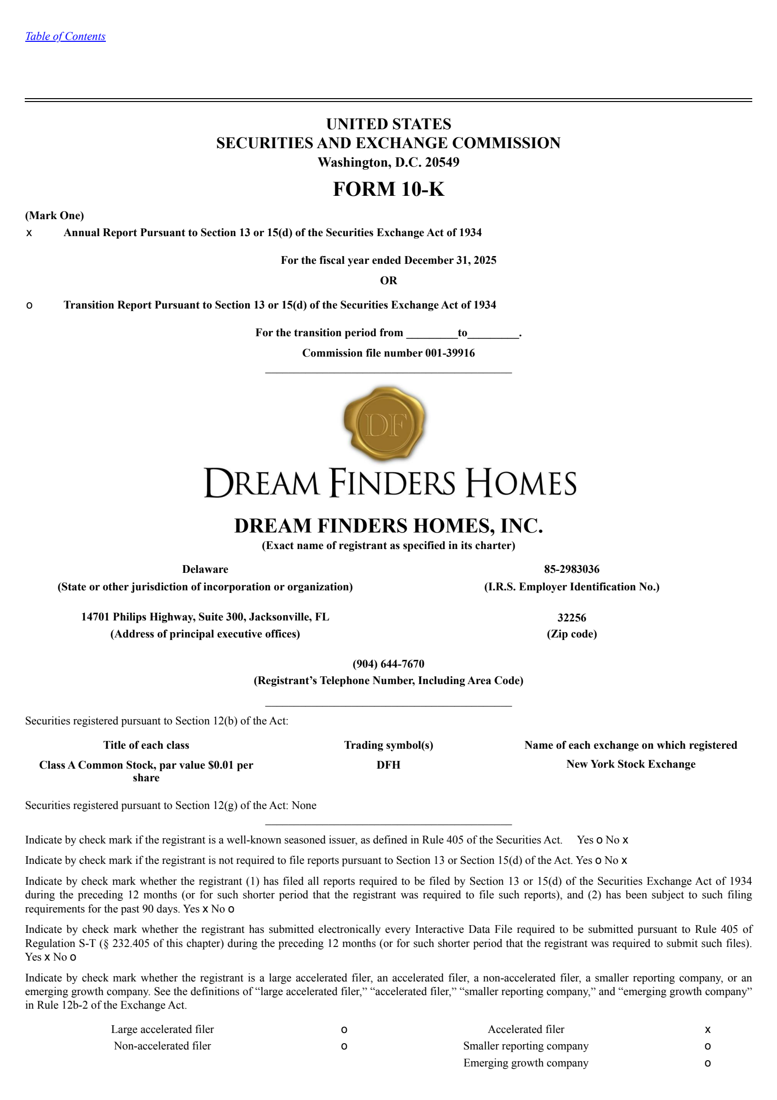 Dream Finders Homes' Q4 2025 Annual report