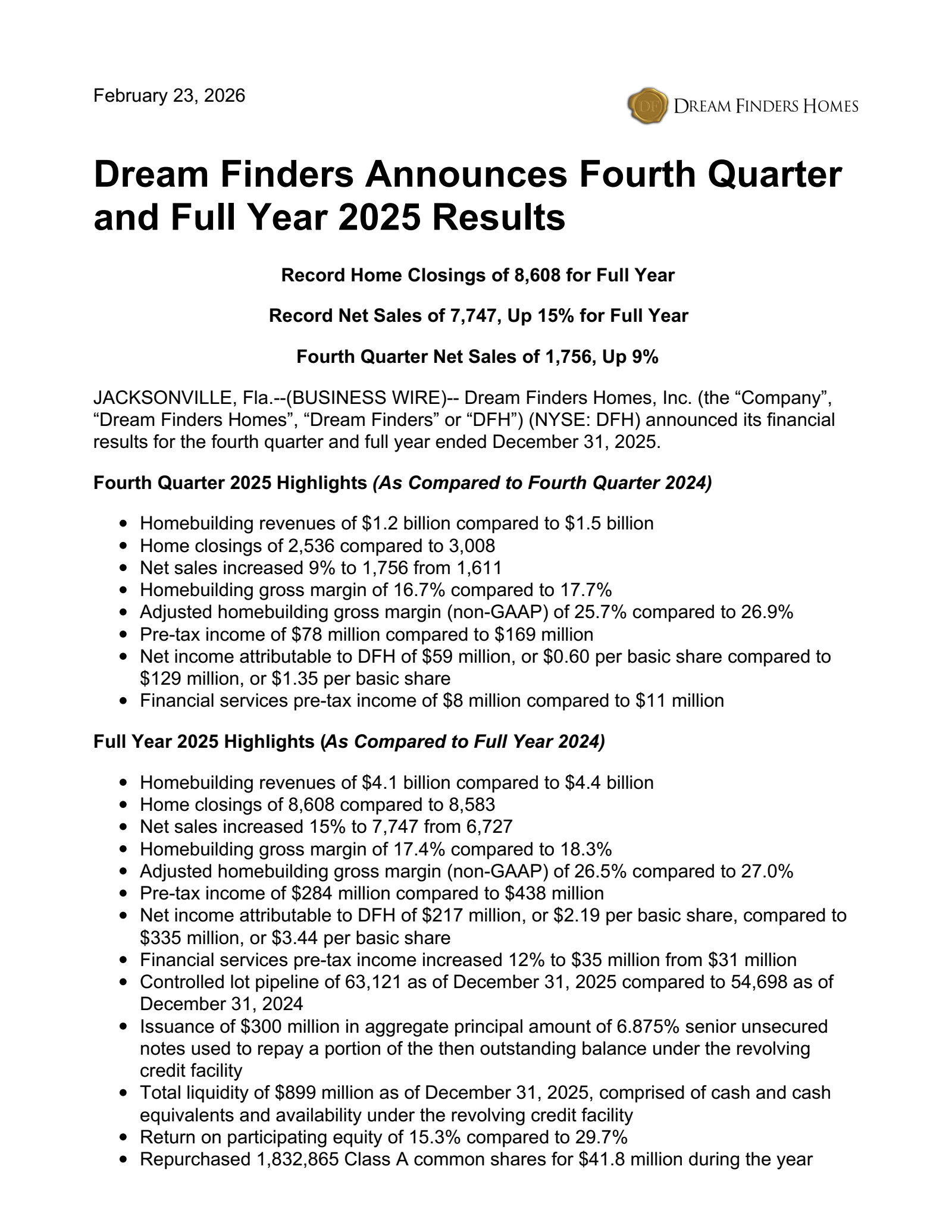 Dream Finders Homes' Q4 2025 Press Release