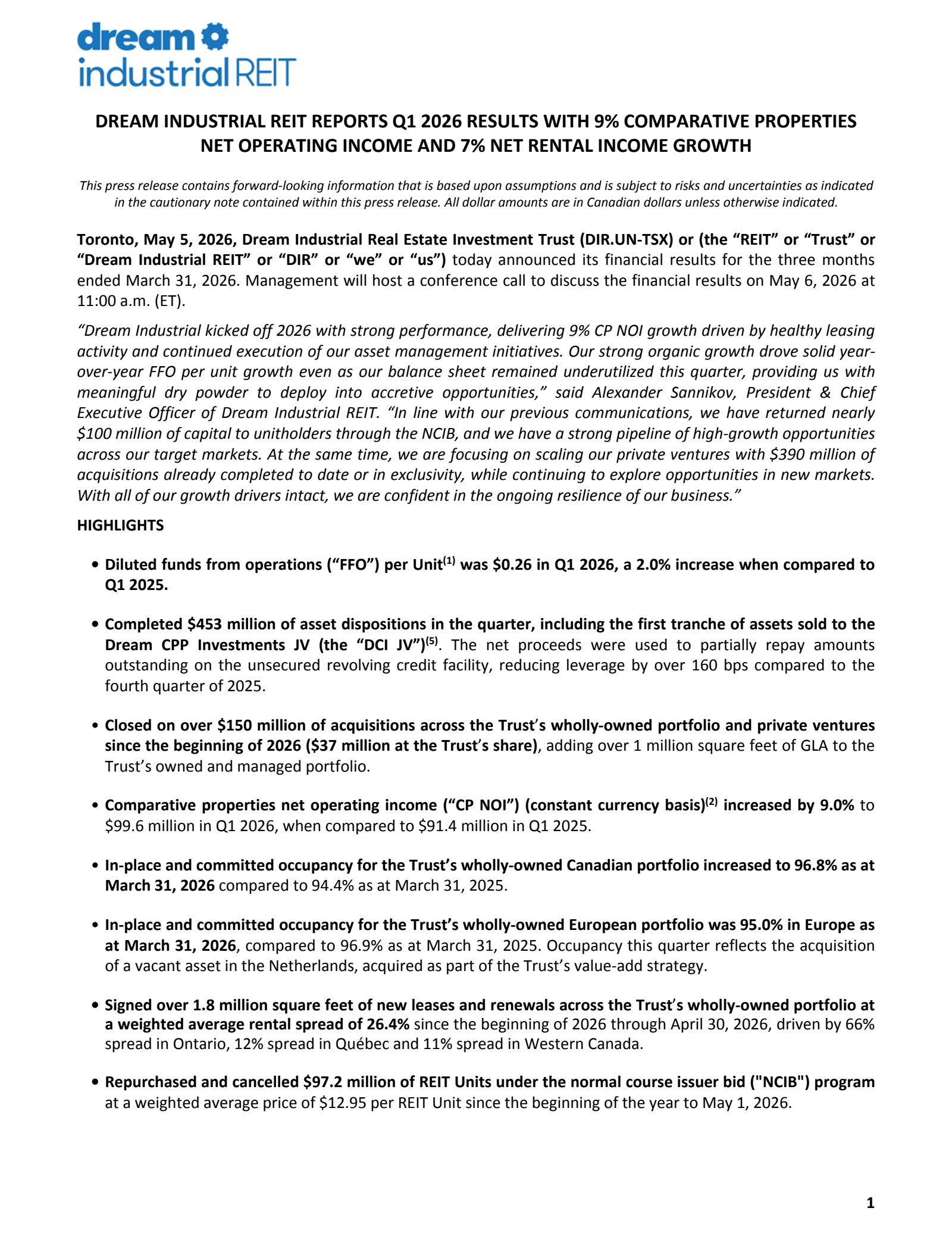 Dream Industrial Real Estate Invest Trst's Q1 2026 Press Release
