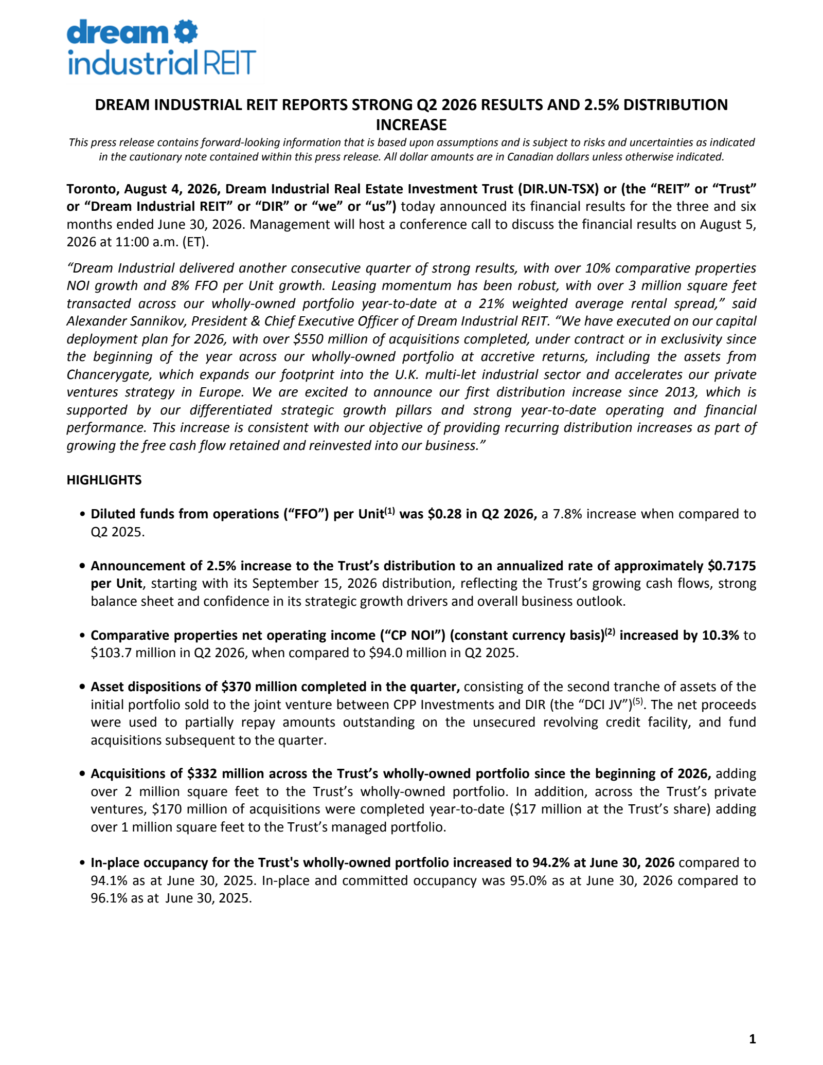 Dream Industrial Real Estate Invest Trst's Q2 2026 Press Release