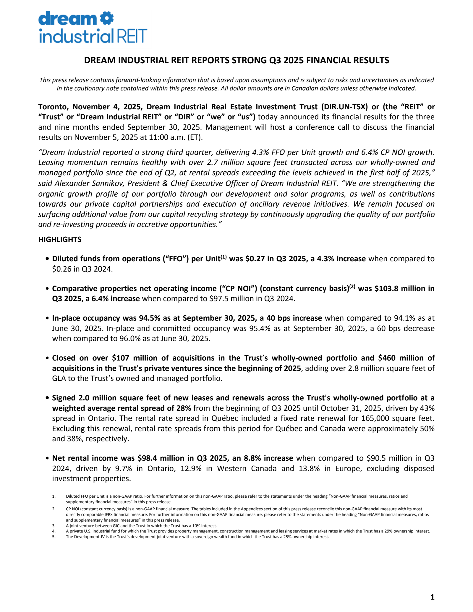 Dream Industrial Real Estate Invest Trst's Q3 2025 Earnings Release