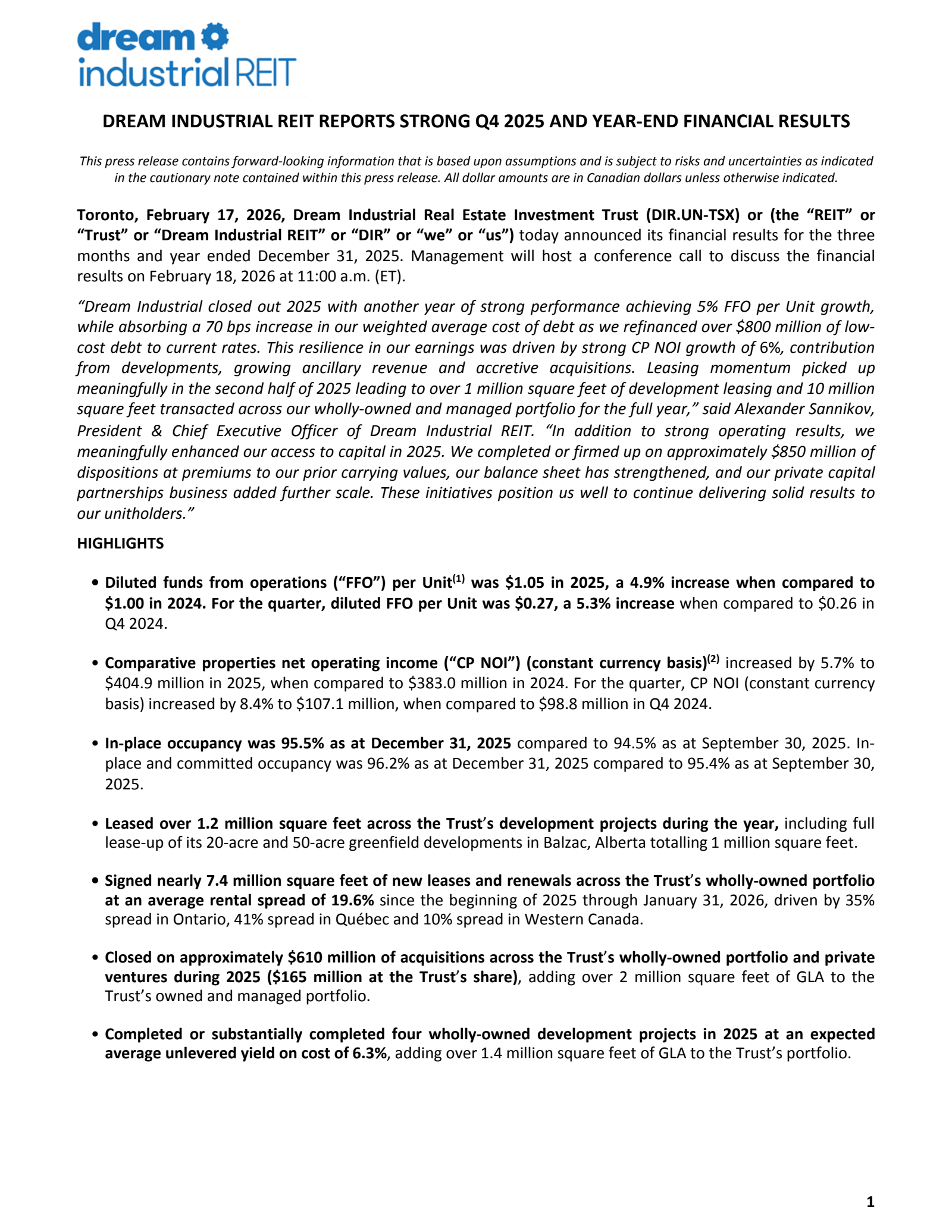 Dream Industrial Real Estate Invest Trst's Q4 2025 Press Release