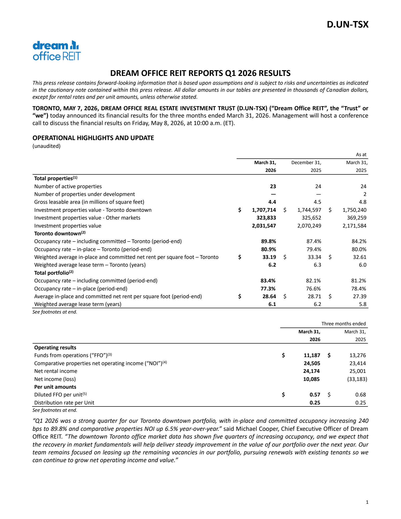 Dream Office Real Estate Investment Trst's Q1 2026 Press Release
