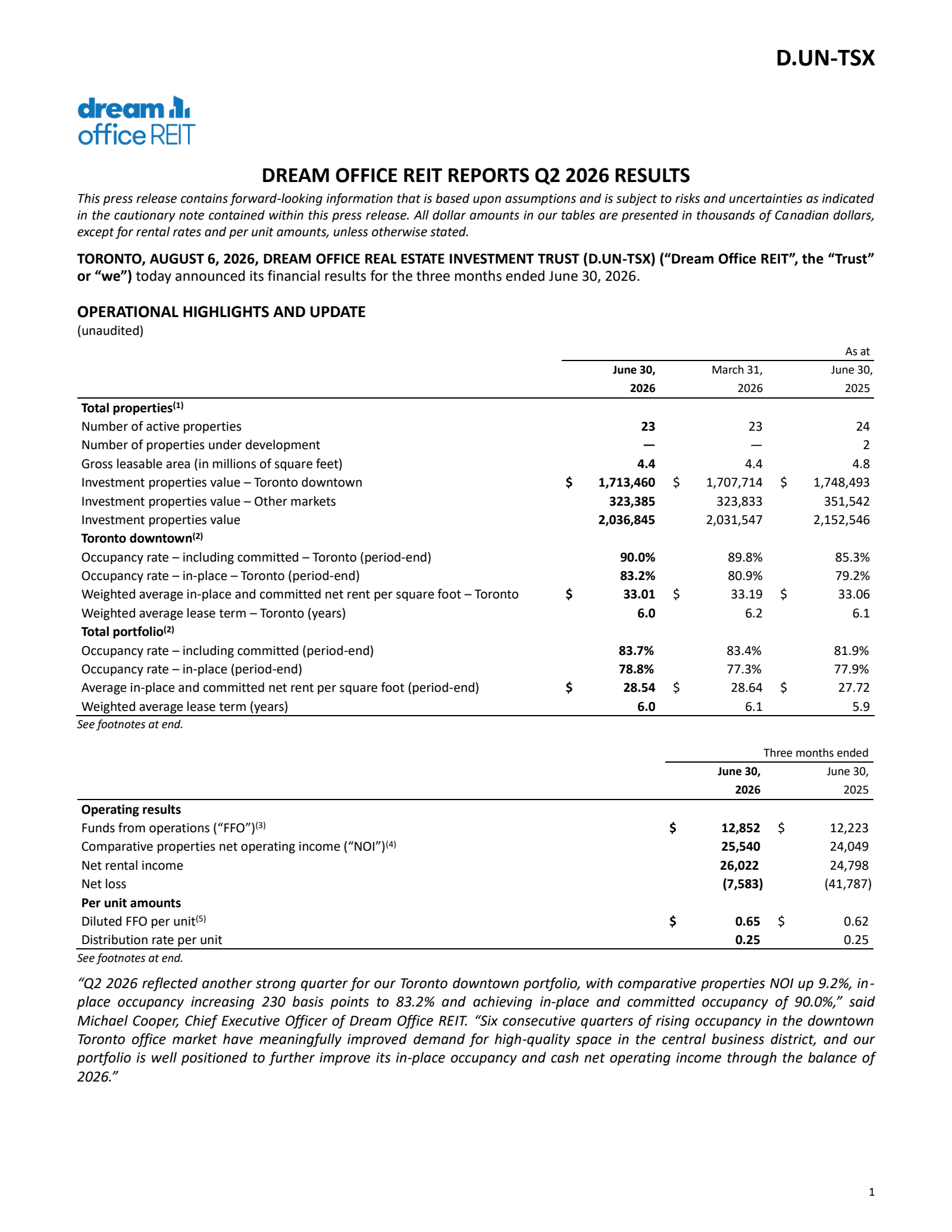 Dream Office Real Estate Investment Trst's Q2 2026 Press Release