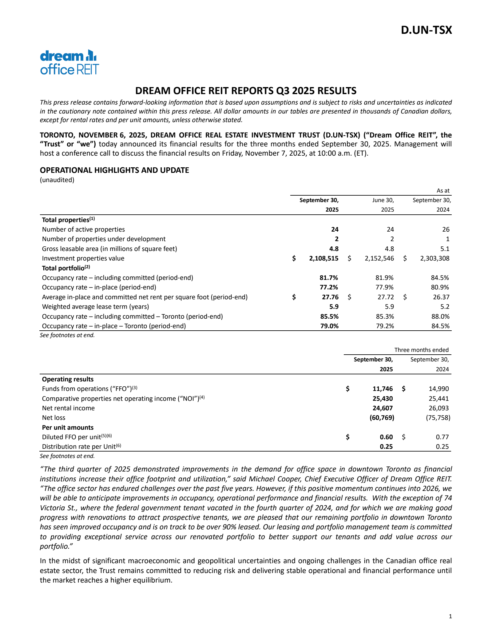 Dream Office Real Estate Investment Trst's Q3 2025 Earnings Release