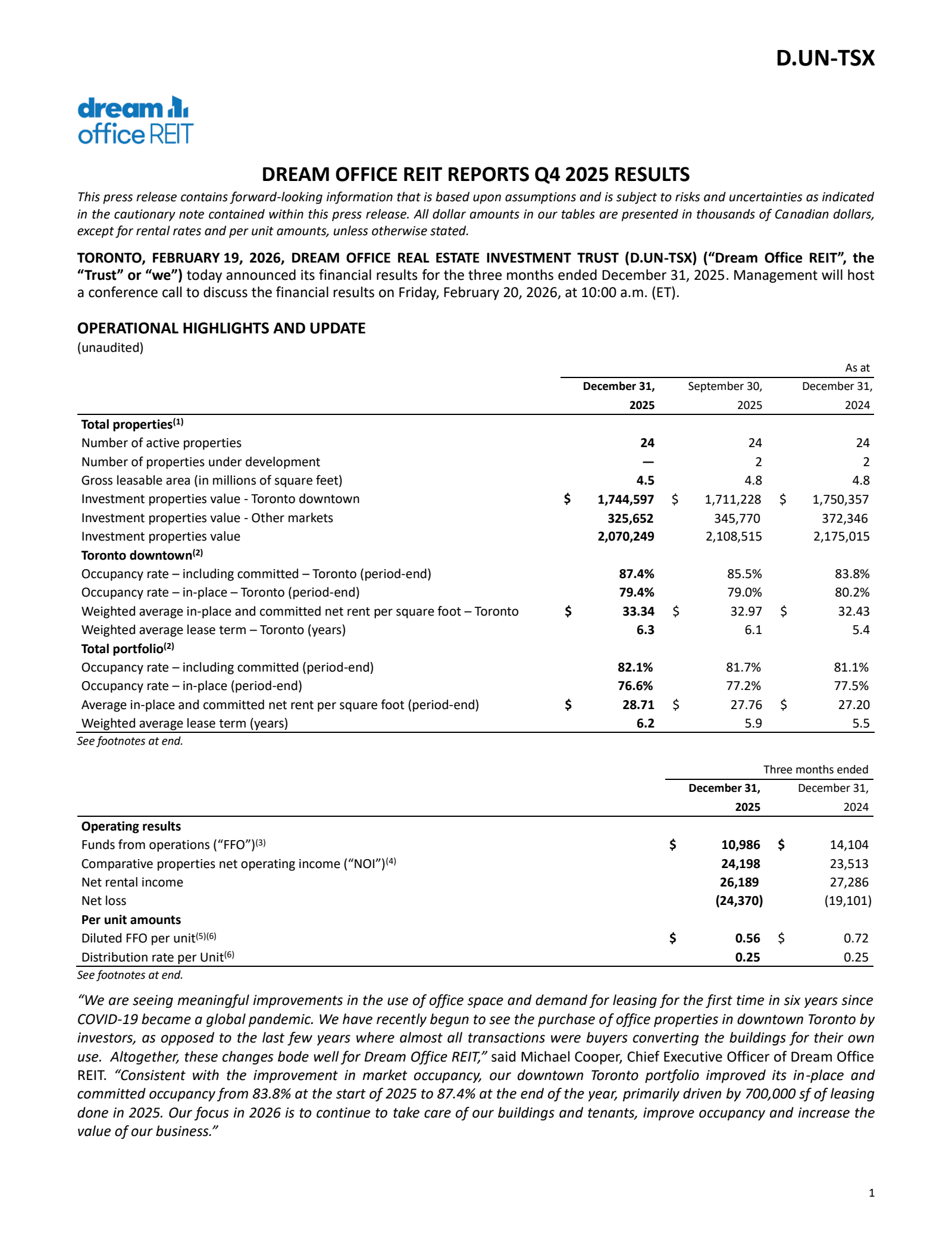 Dream Office Real Estate Investment Trst's Q4 2025 Press Release
