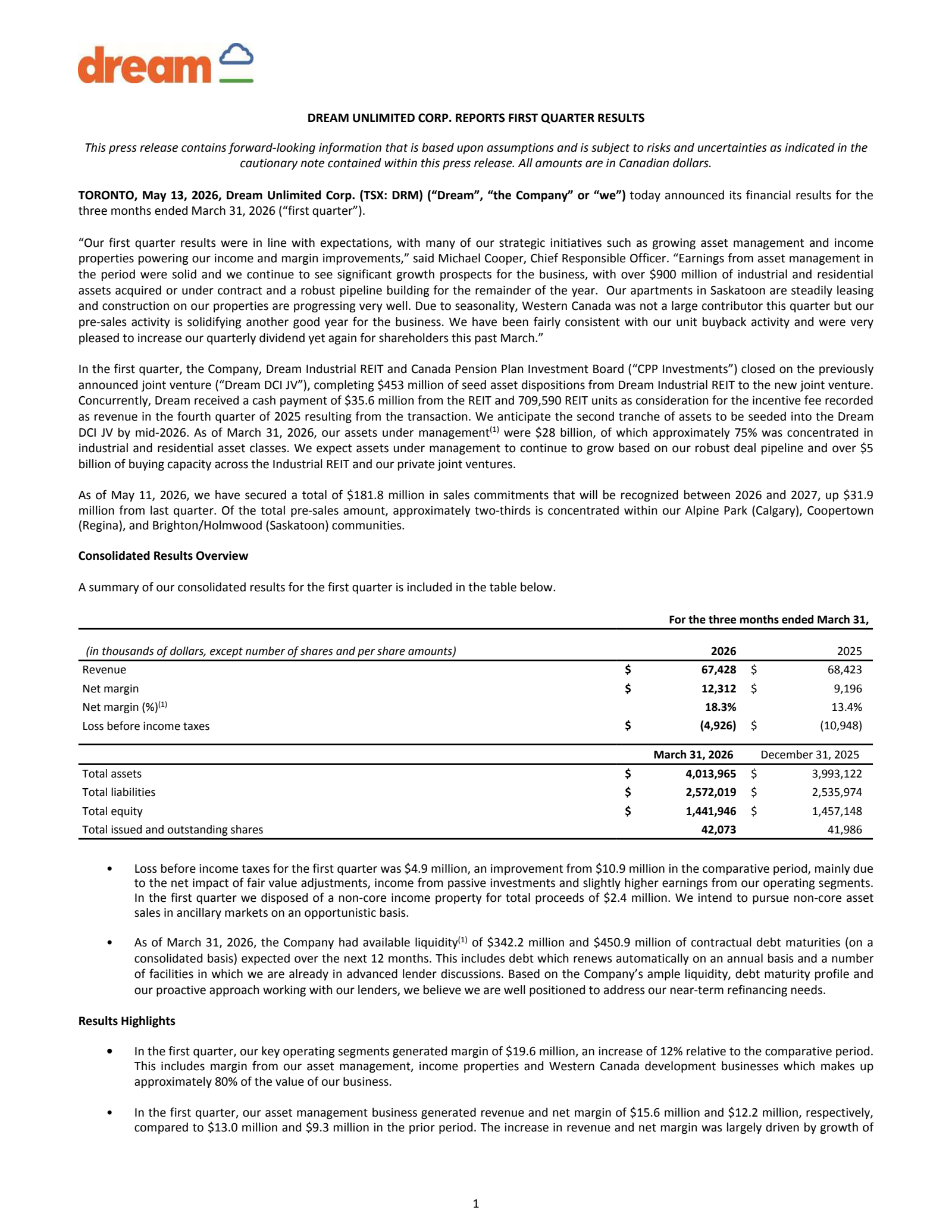 Dream Unlimited's Q1 2026 Press Release