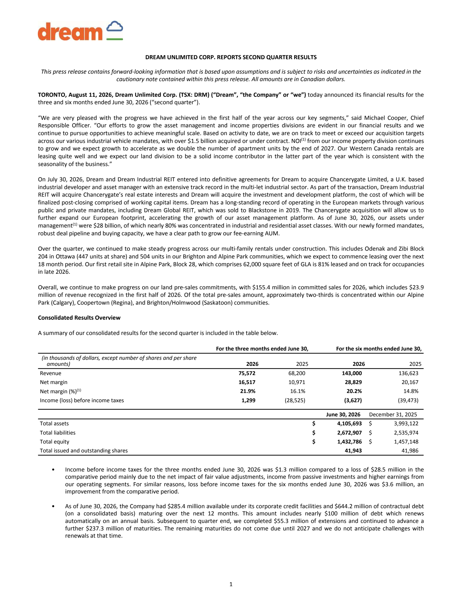 Dream Unlimited's Q2 2026 Press Release