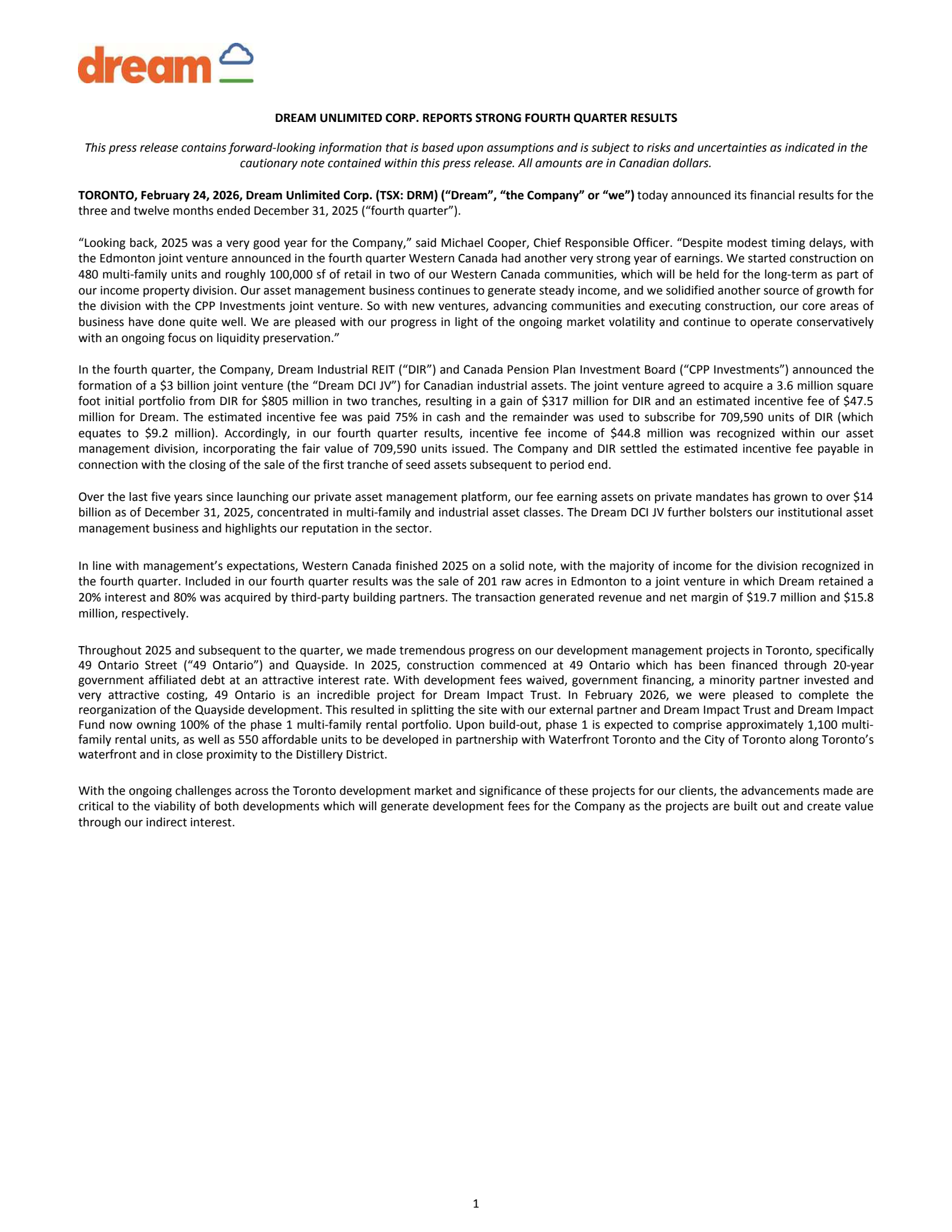 Dream Unlimited's Q4 2025 Press Release