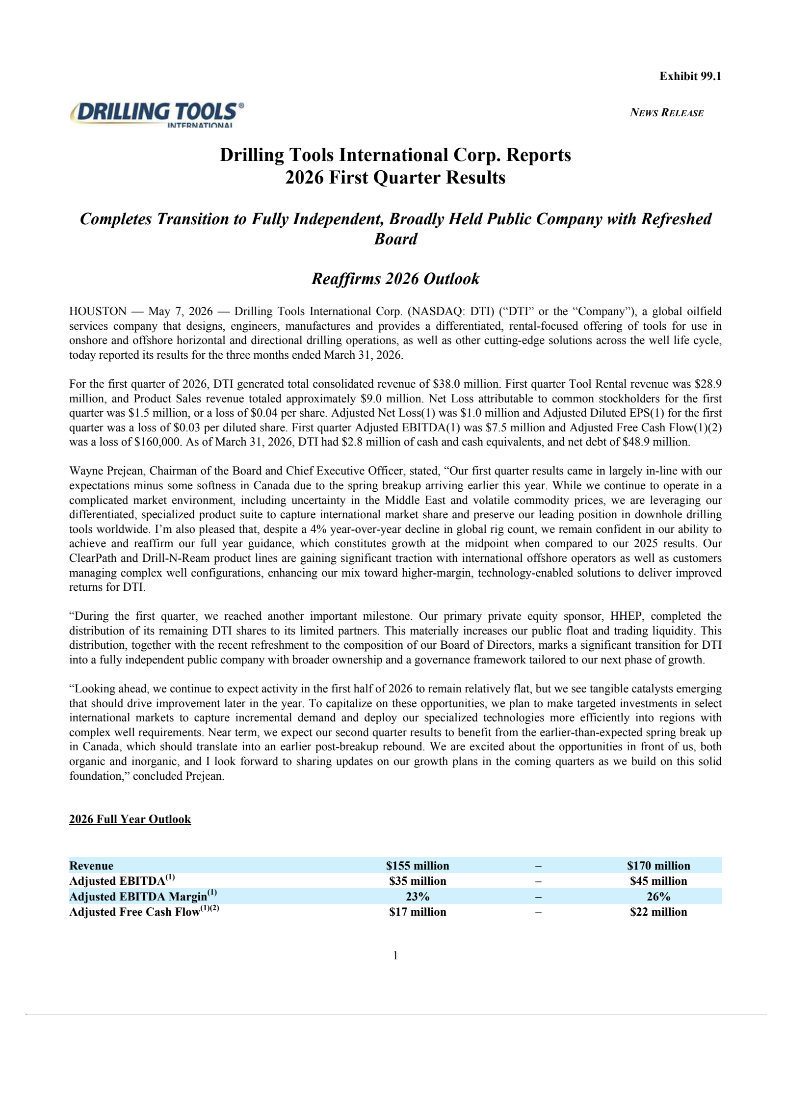Drilling Tools International's Q1 2026 Press Release