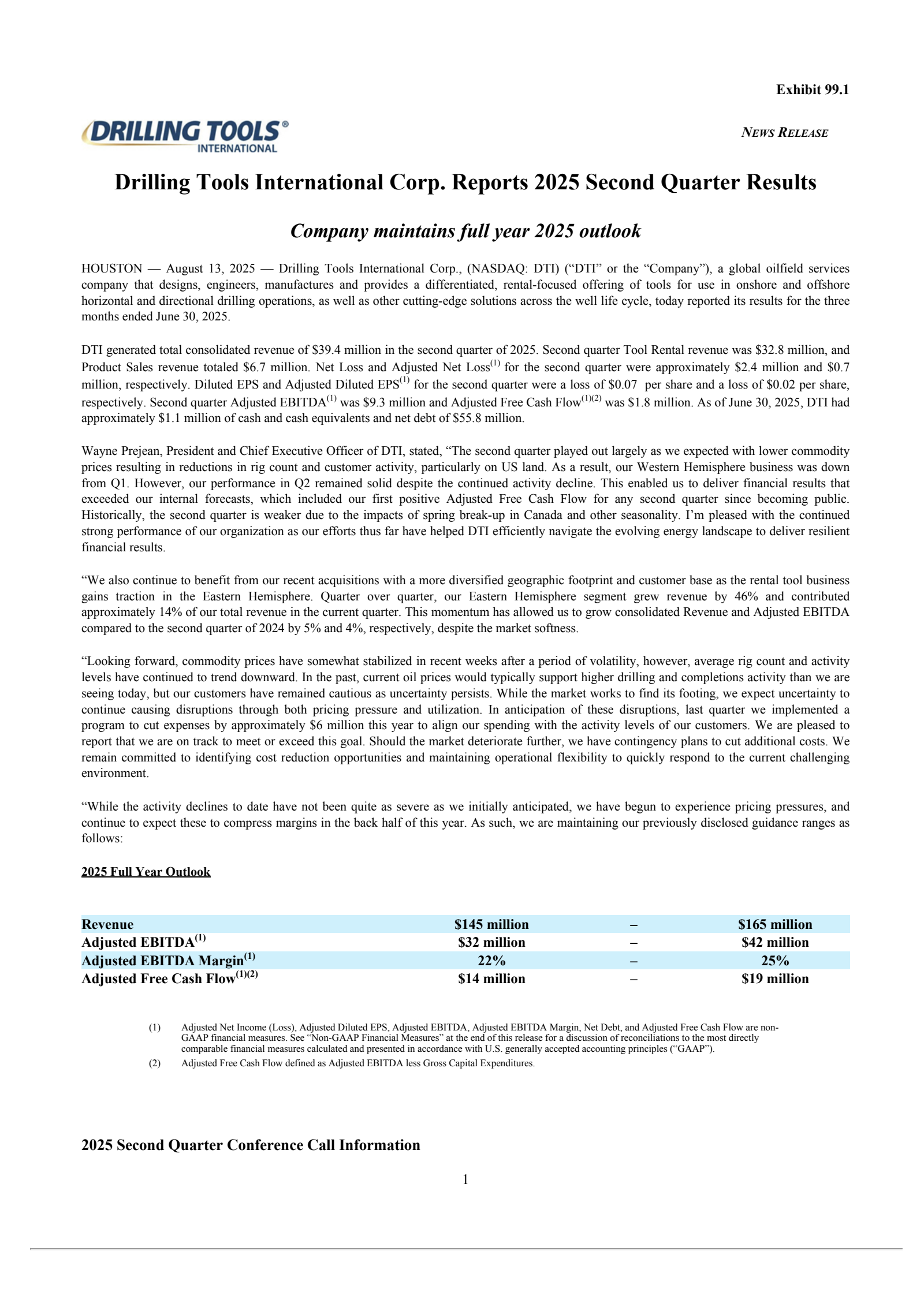 Drilling Tools International's Q2 2025 Press Release