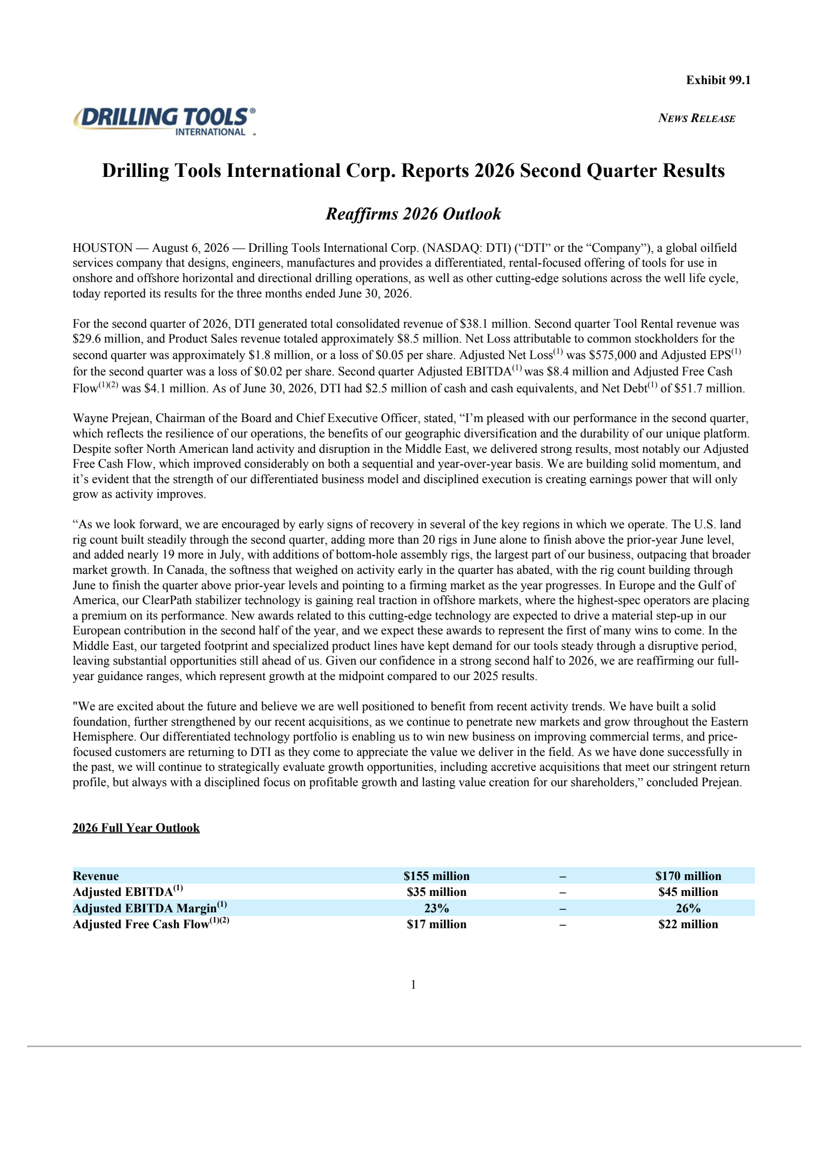Drilling Tools International's Q2 2026 Press Release