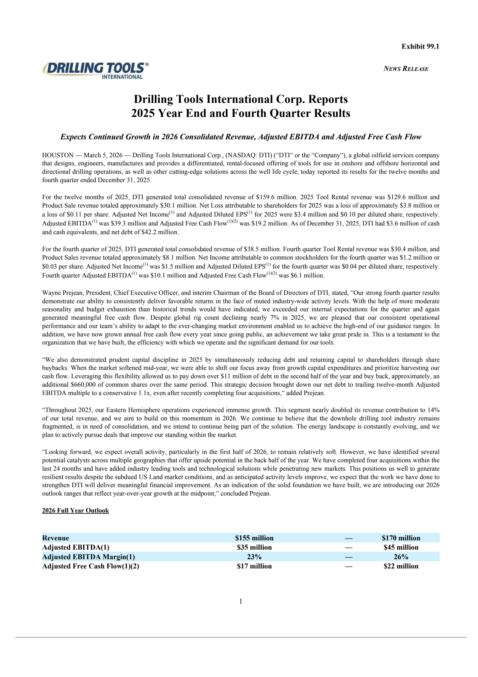 Drilling Tools International's Q4 2025 Press Release