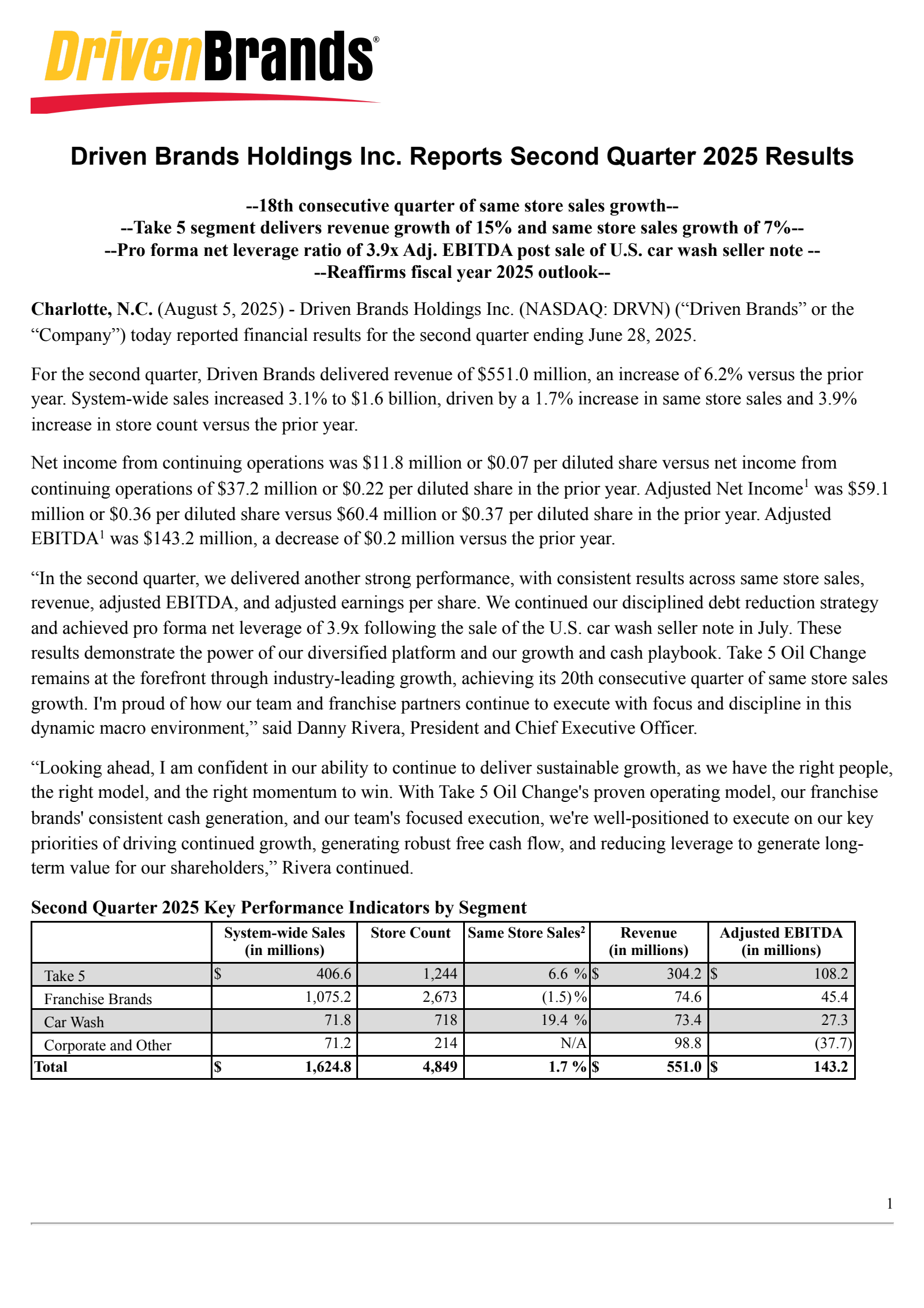 Driven Brands' Q2 2025 Press Release