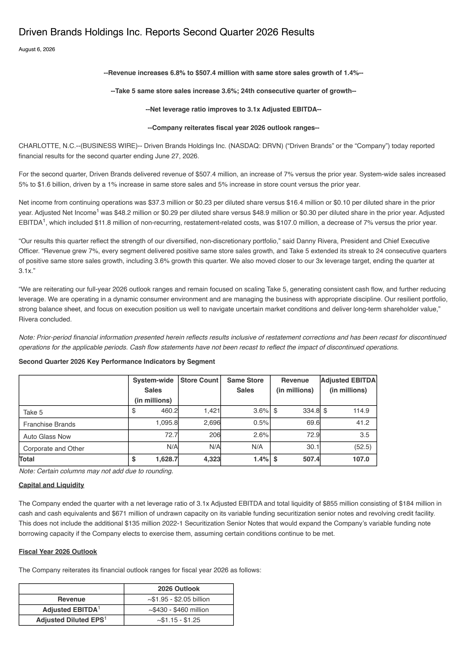 Driven Brands' Q2 2026 Press Release