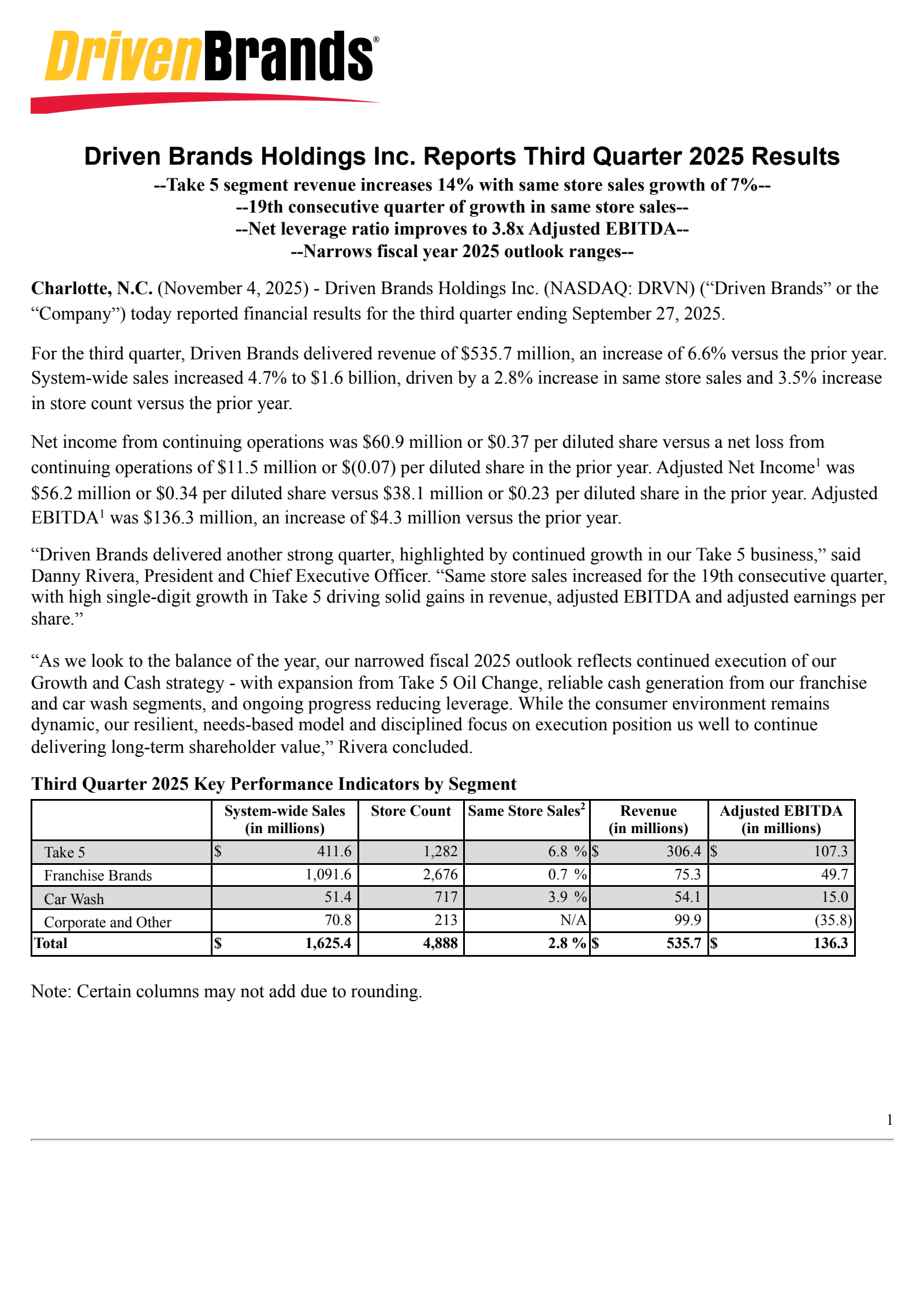 Driven Brands' Q3 2025 Earnings Release