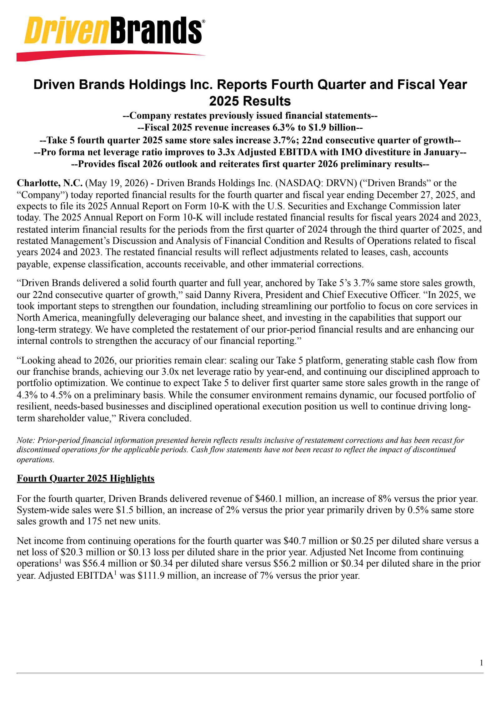 Driven Brands' Q4 2025 Press Release