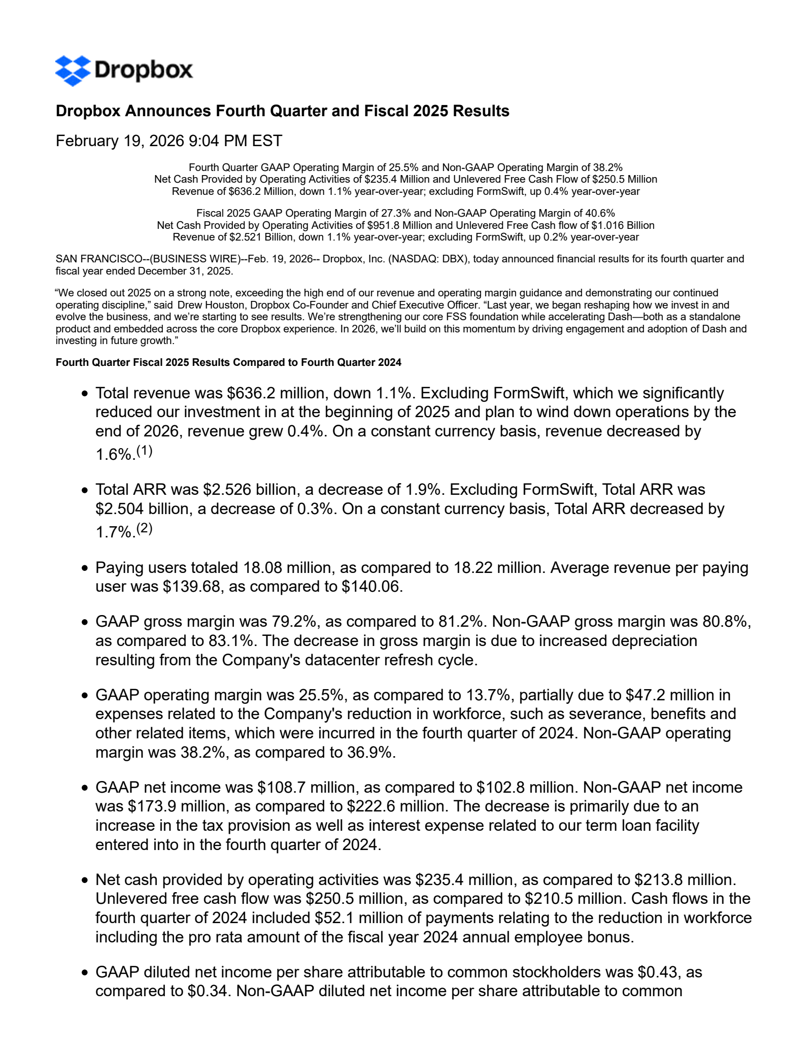 Dropbox's Q4 2025 Press Release