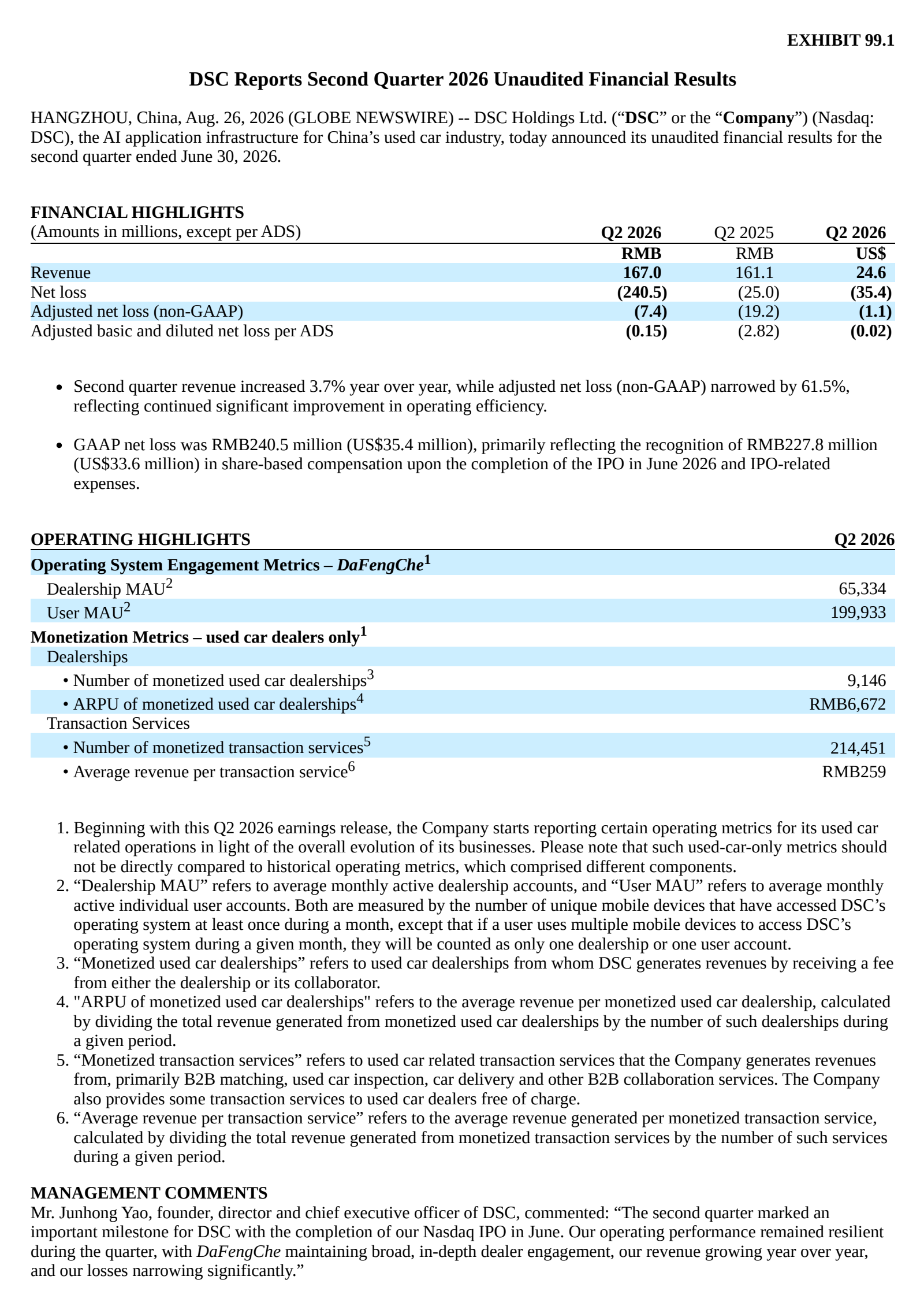 DSC's Q2 2026 Press Release