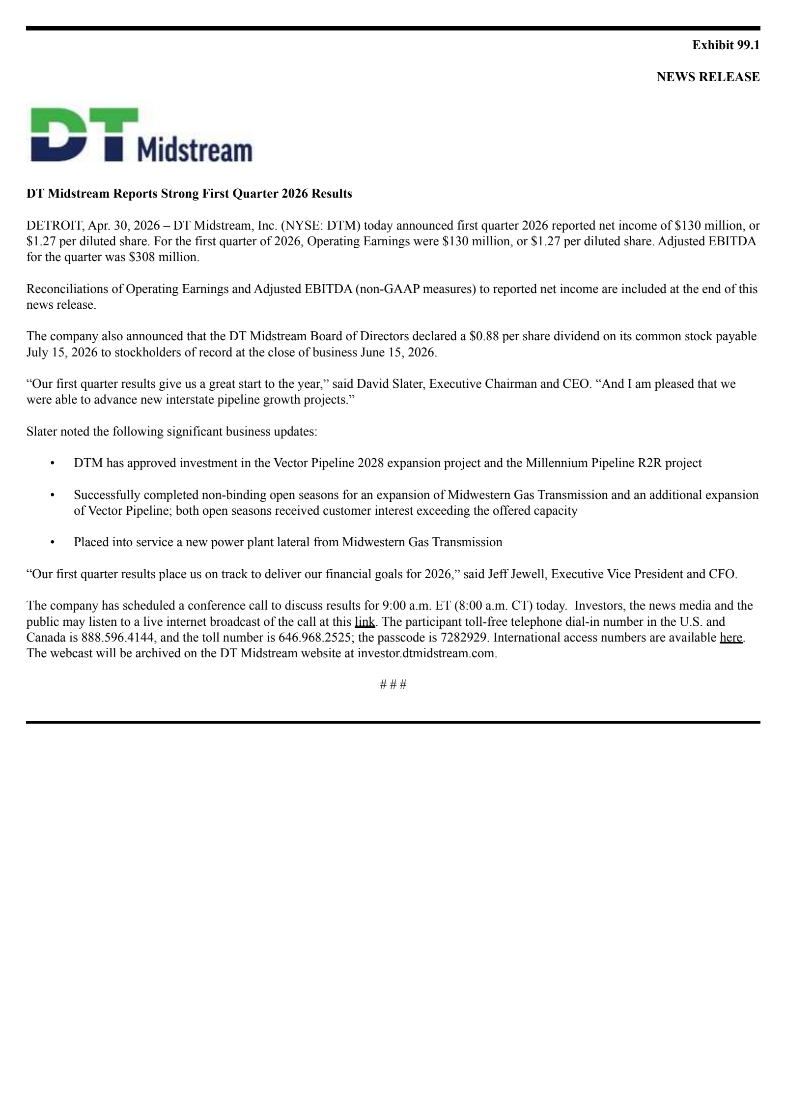 DT Midstream's Q1 2026 Press Release