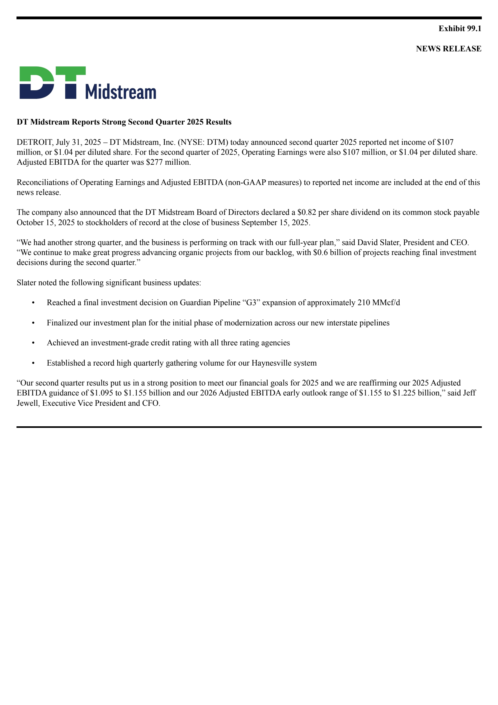 DT Midstream's Q2 2025 Press Release