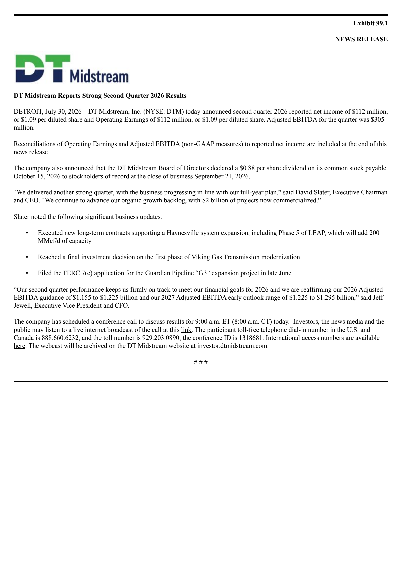 DT Midstream's Q2 2026 Press Release