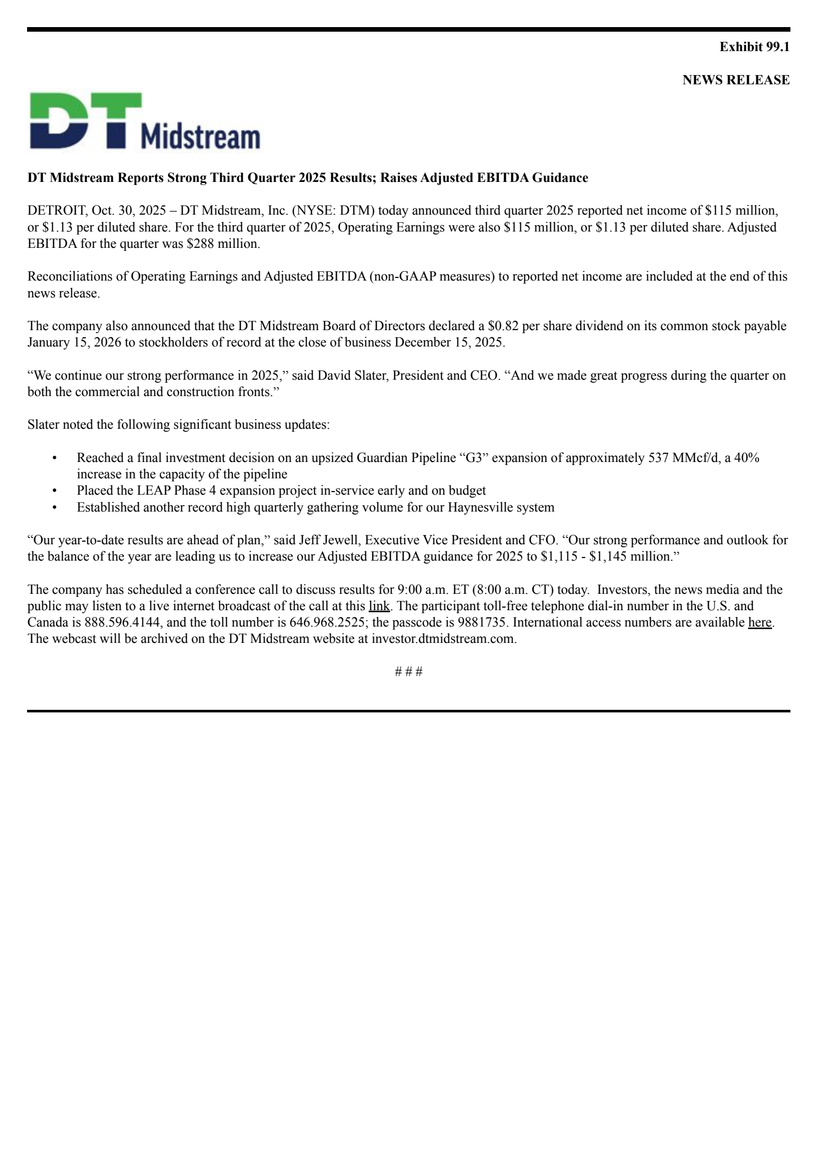 DT Midstream's Q3 2025 Earnings Release