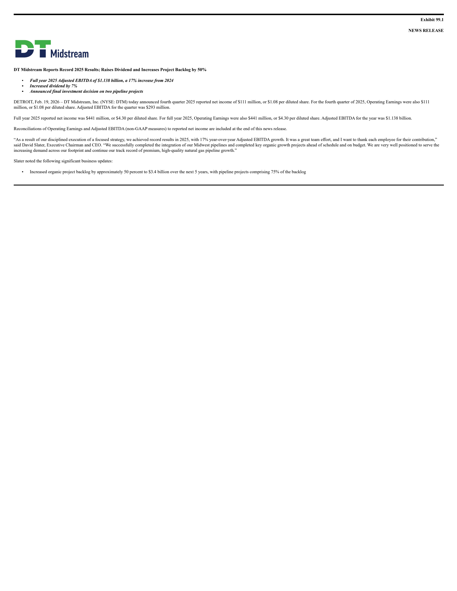 DT Midstream's Q4 2025 Press Release