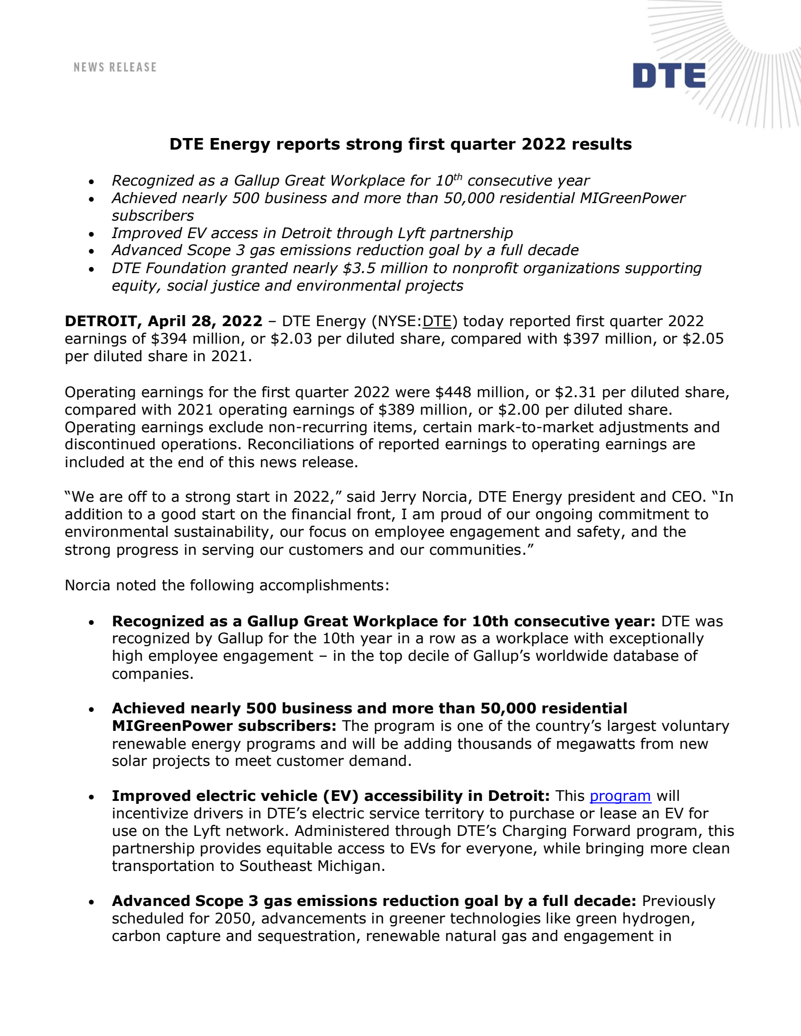 DTE Energy's Q1 2022 Earnings Release