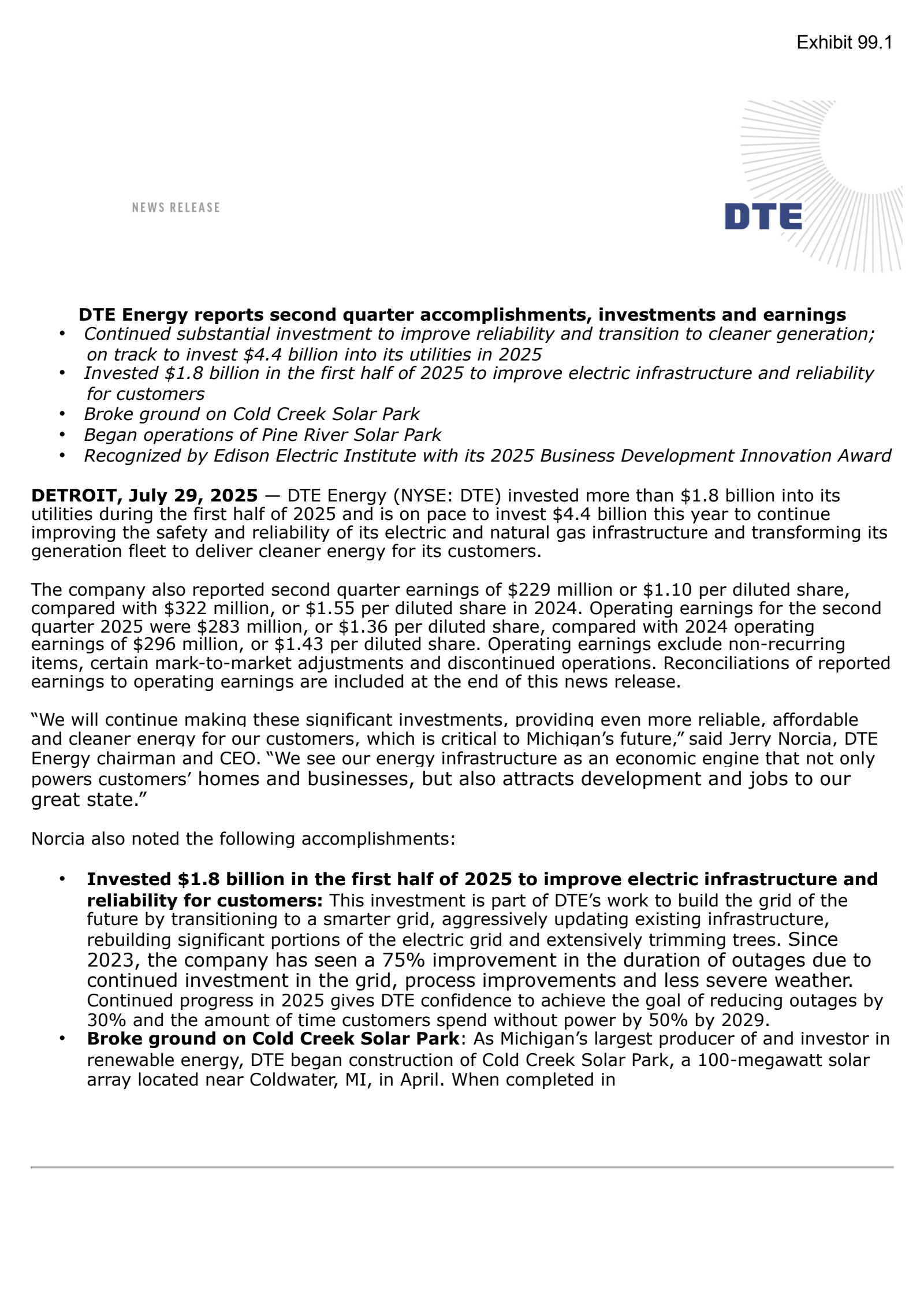 DTE Energy's Q2 2025 Press Release