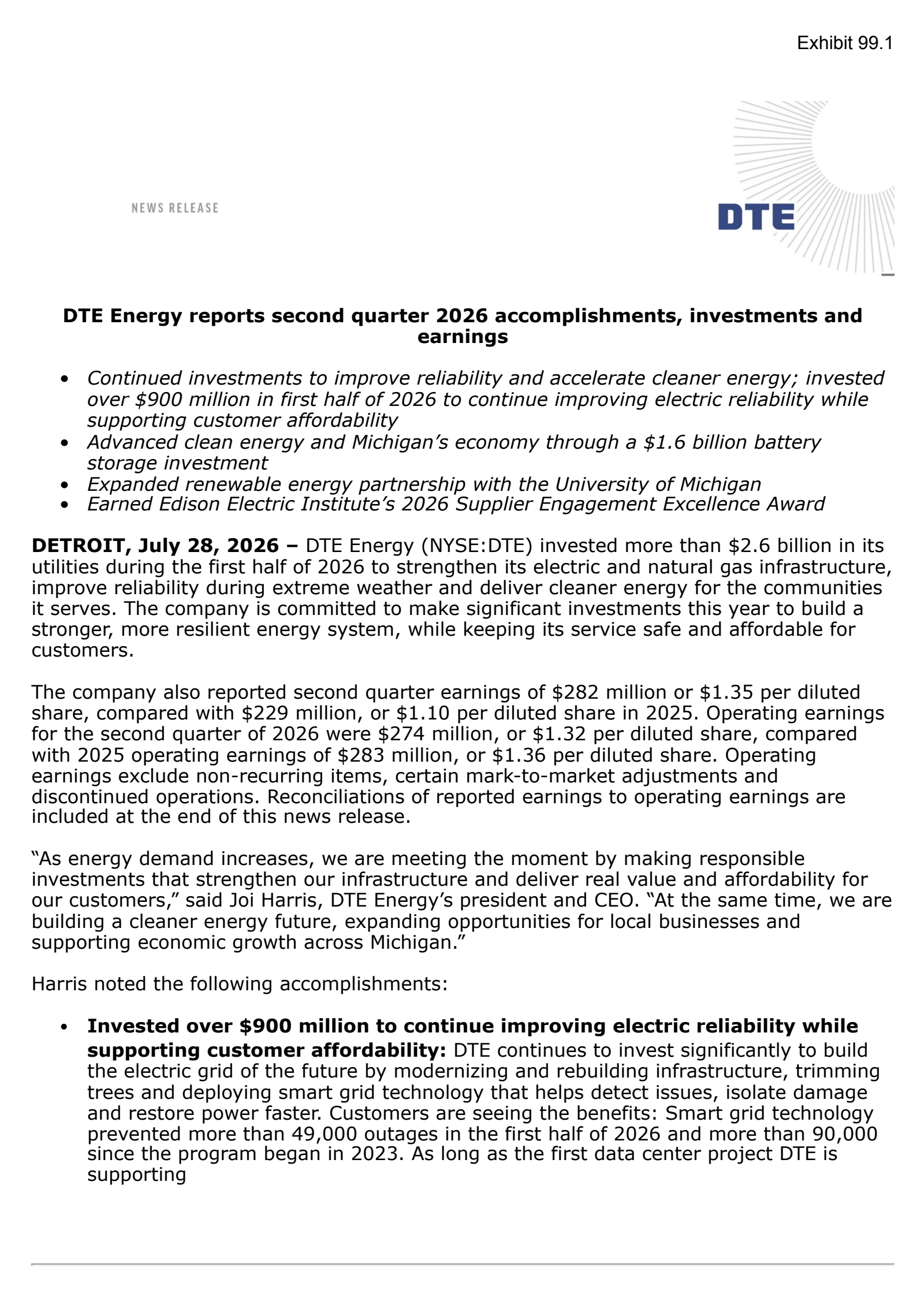DTE Energy's Q2 2026 Press Release