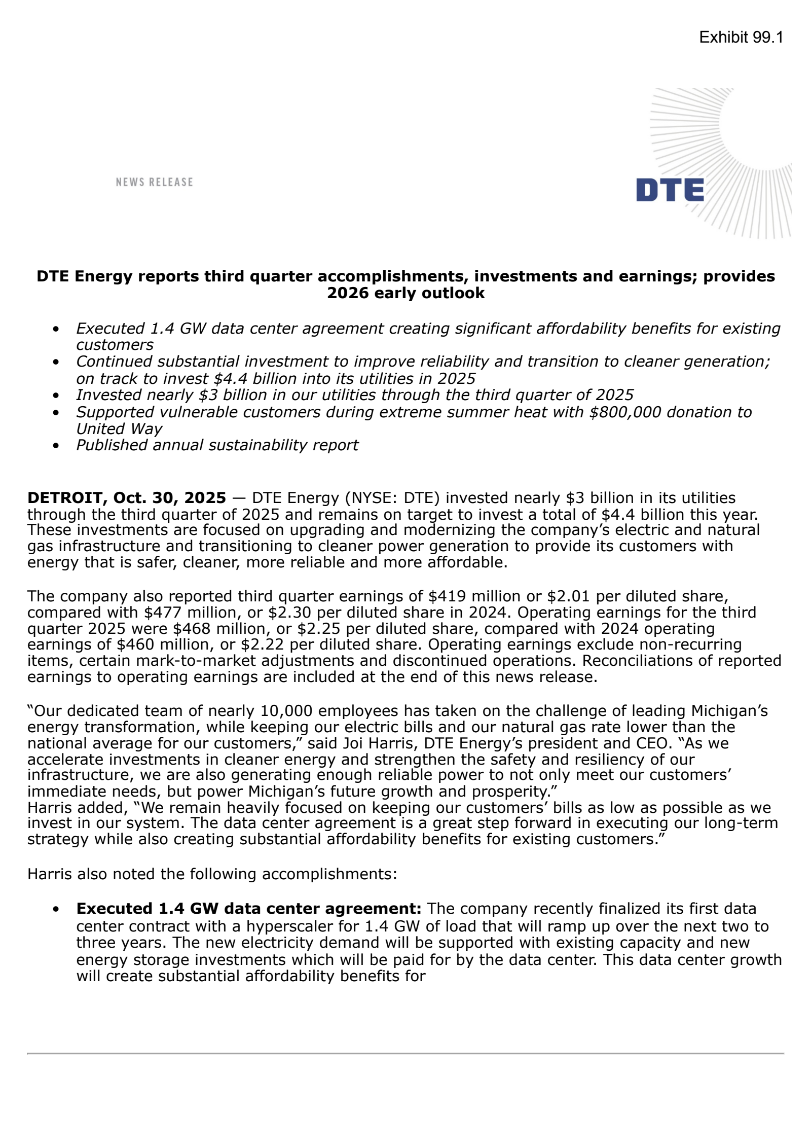 DTE Energy's Q3 2025 Earnings Release