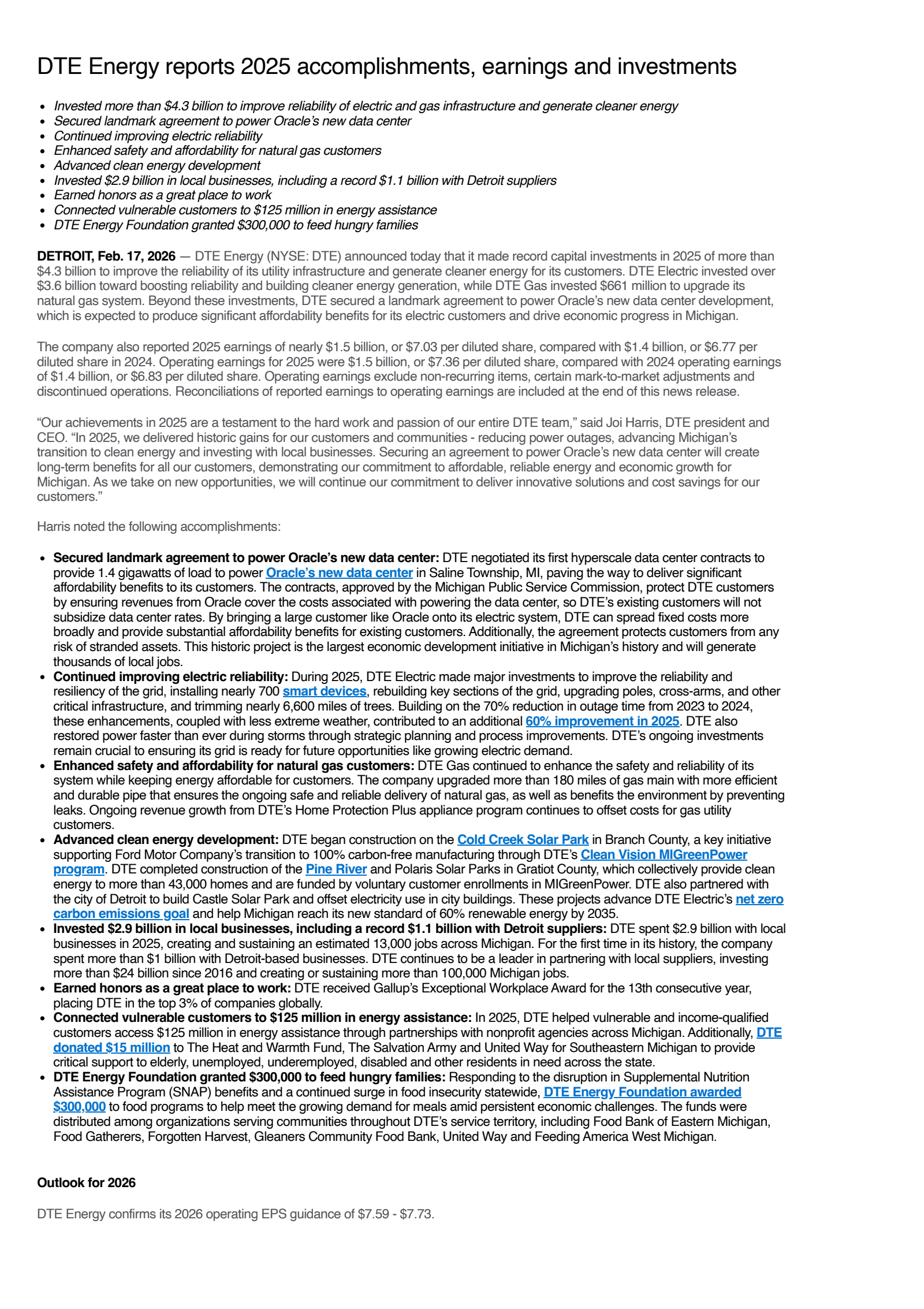 DTE Energy's Q4 2025 Press Release