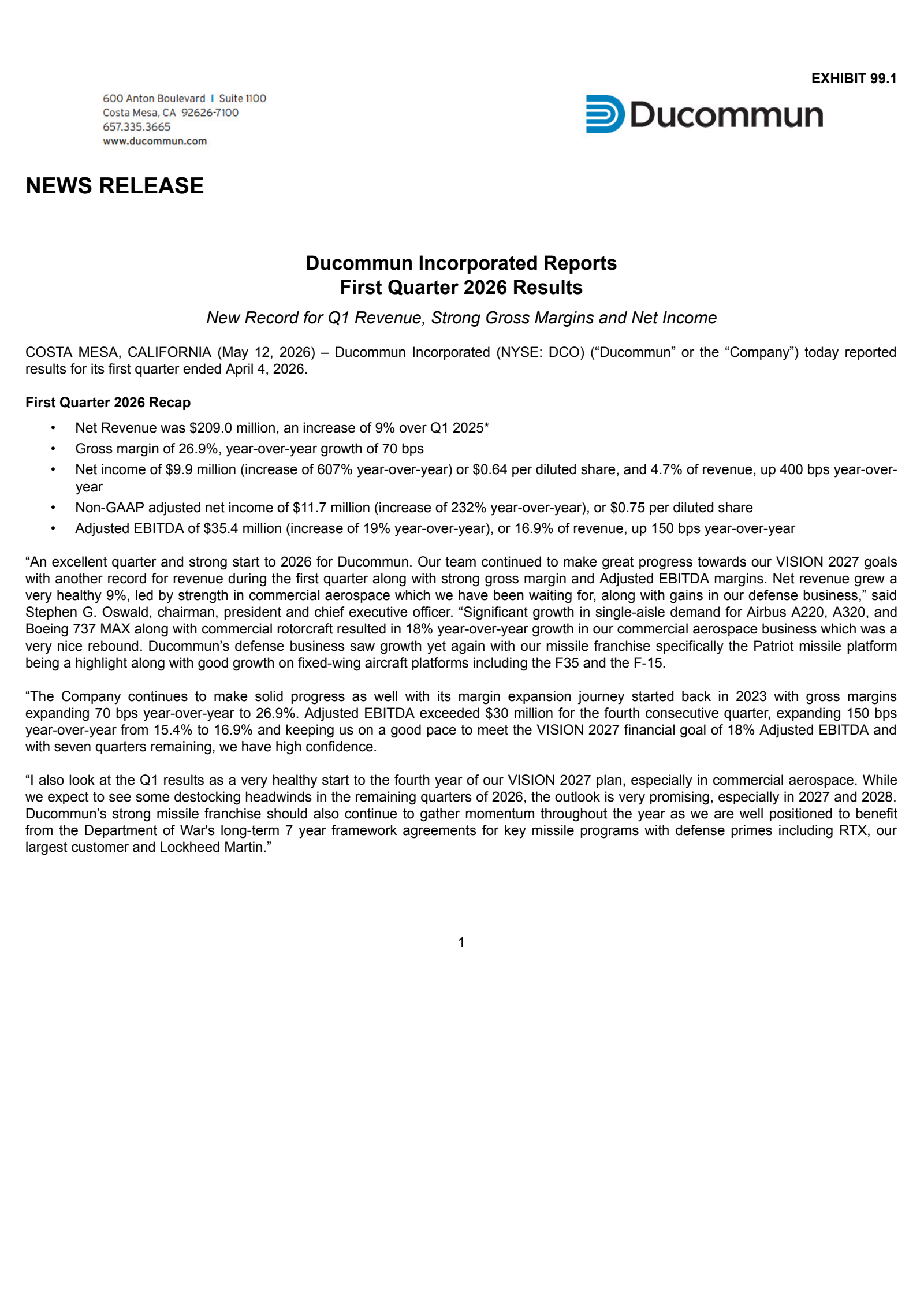 Ducommun's Q1 2026 Press Release