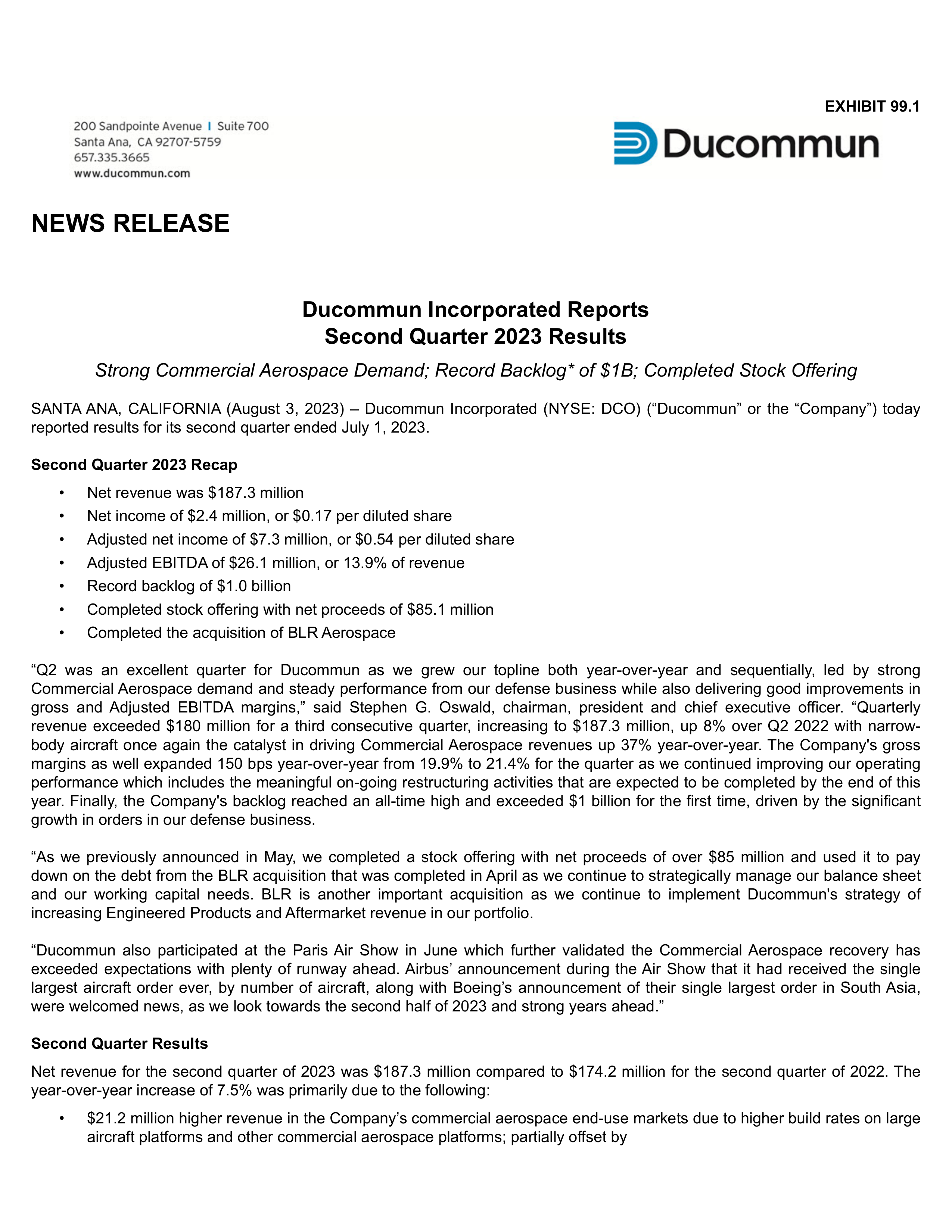 Ducommun's Q2 2023 Press Release