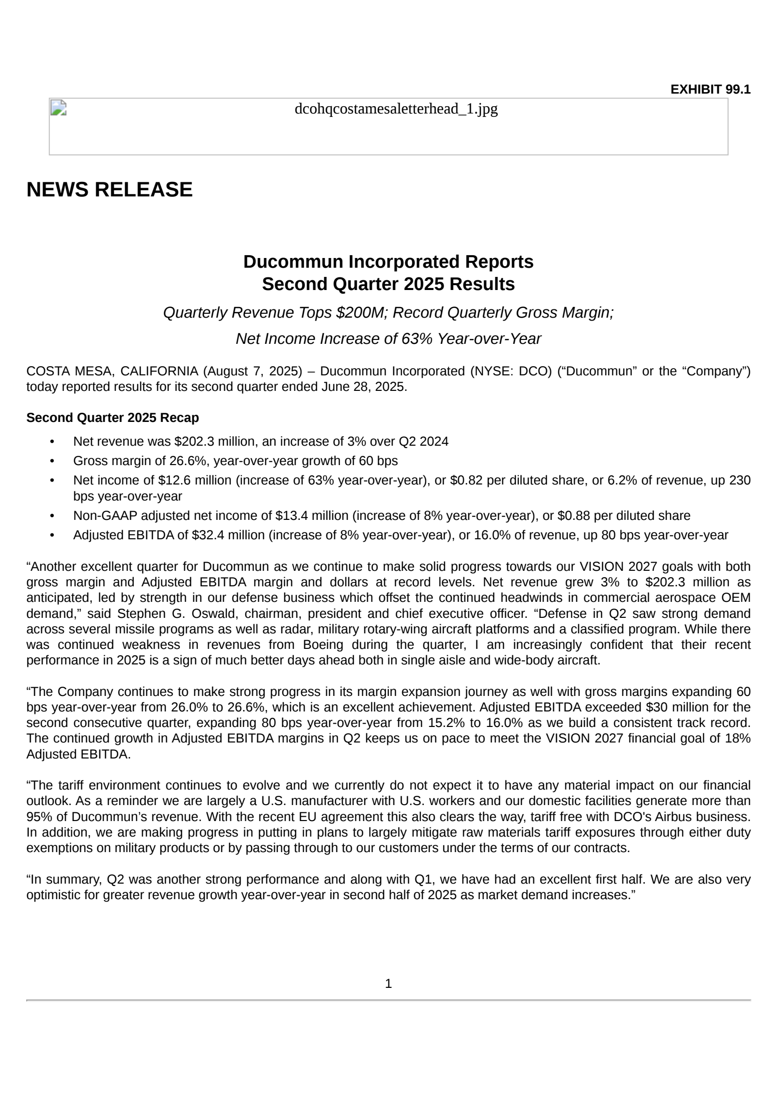 Ducommun's Q2 2025 Press Release