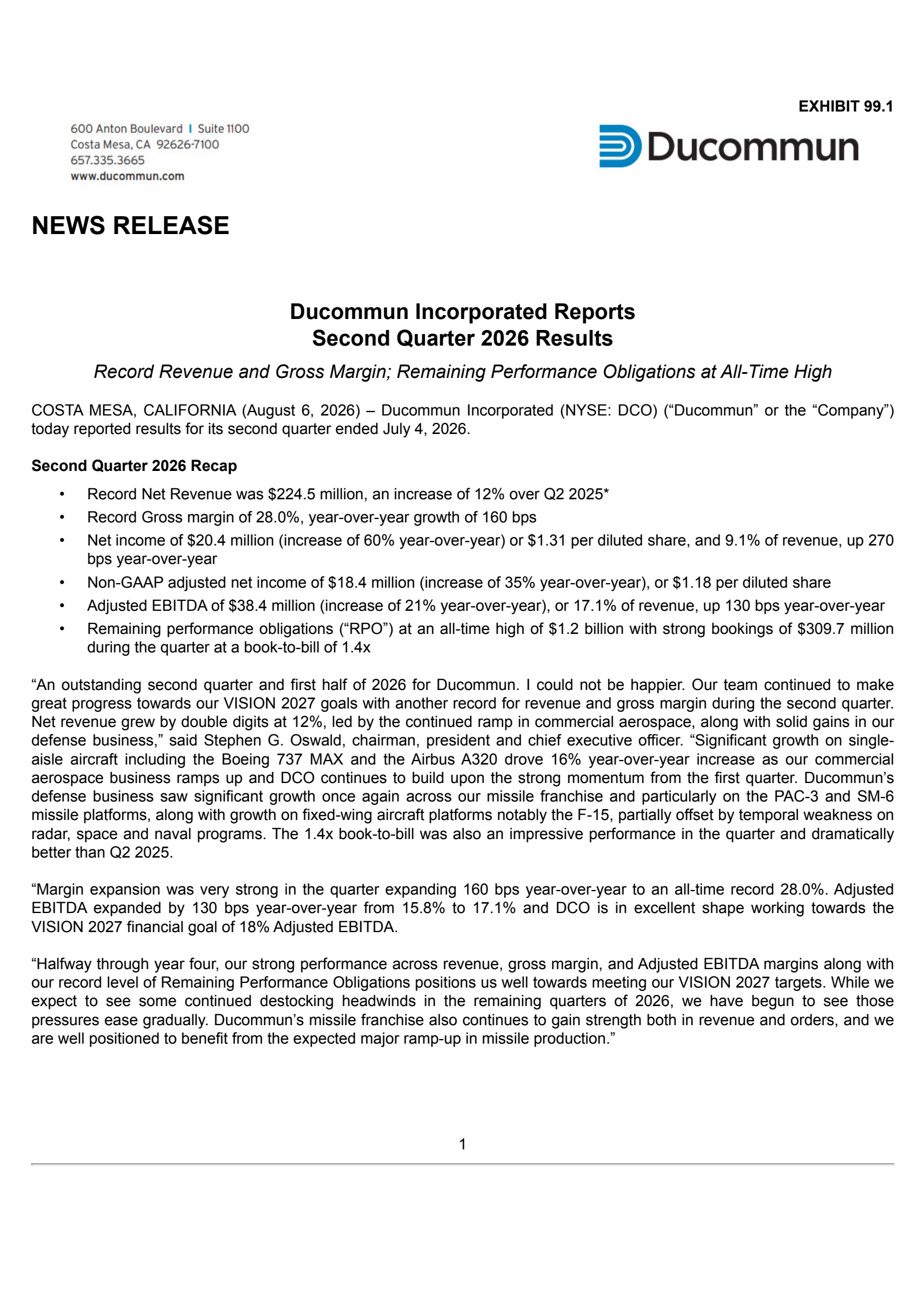 Ducommun's Q2 2026 Press Release