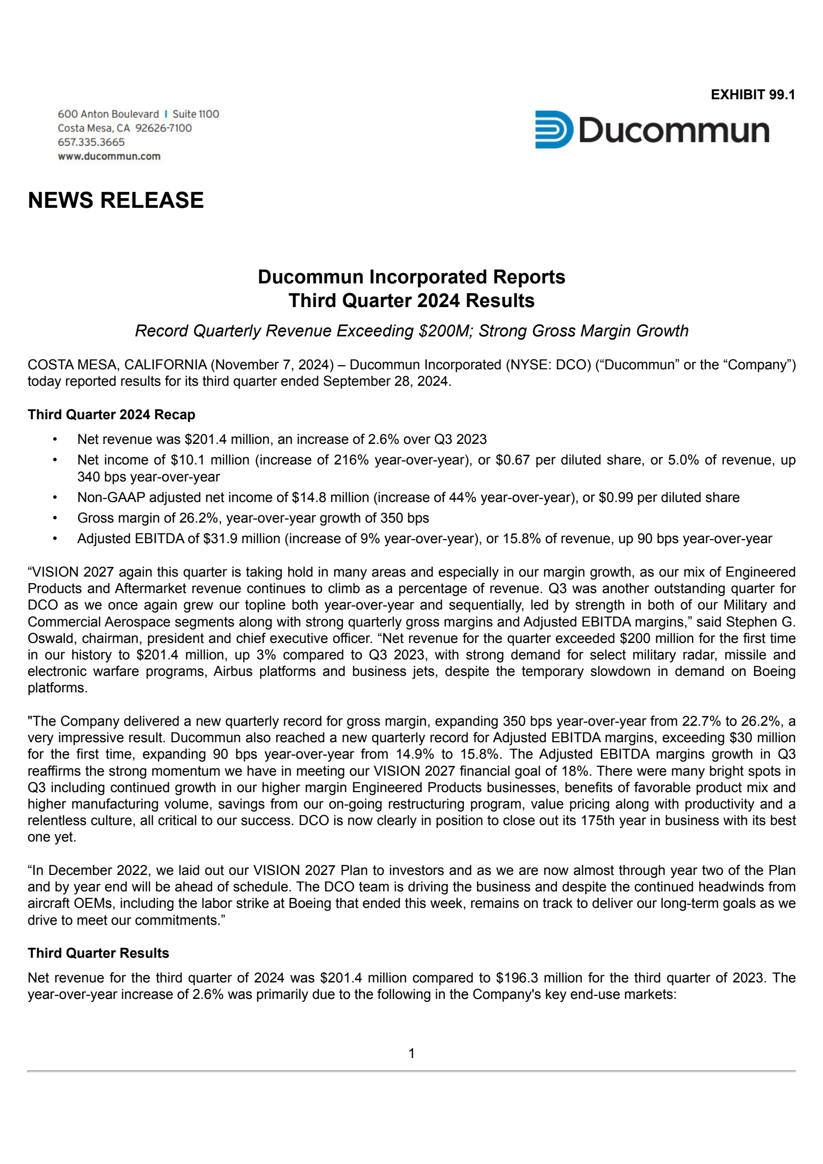 Ducommun's Q3 2024 Press Release