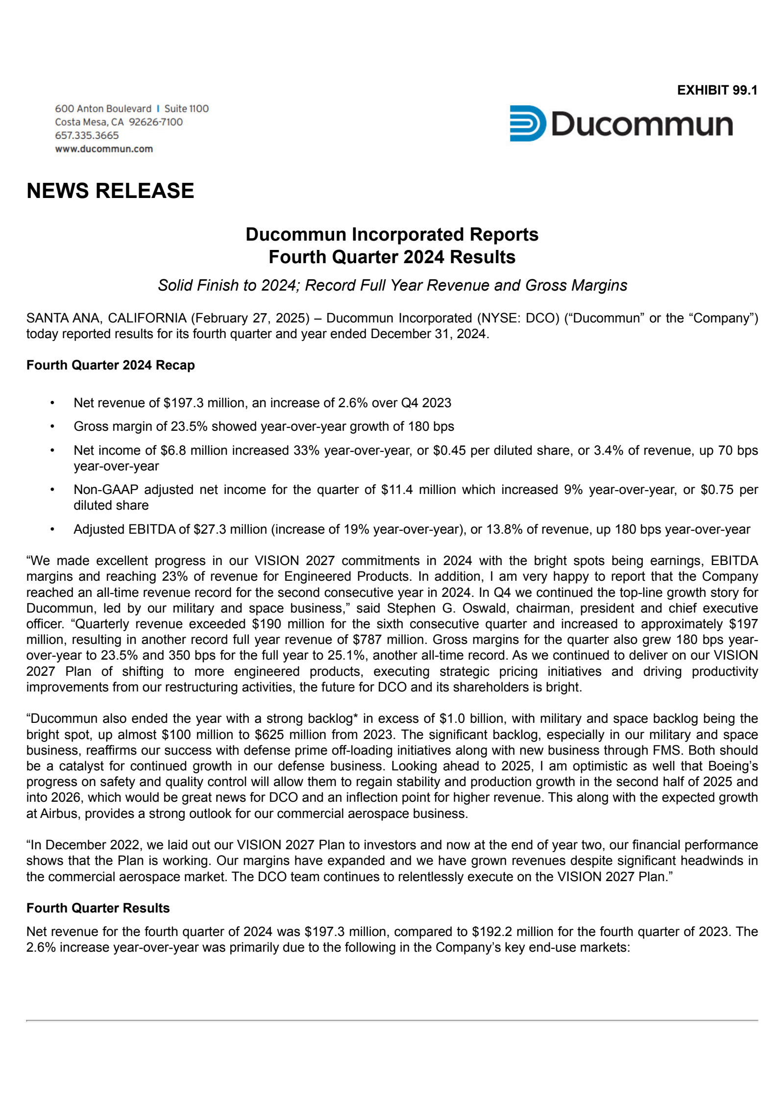 Ducommun's Q4 2024 Press Release