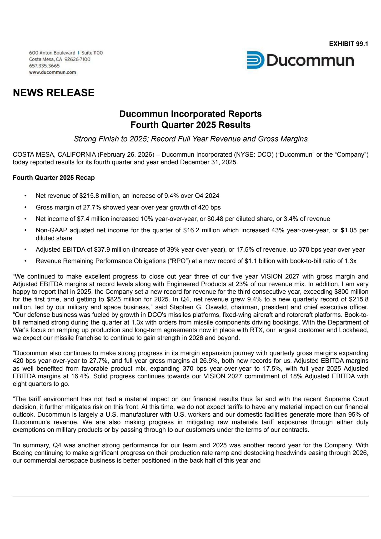 Ducommun's Q4 2025 Press Release