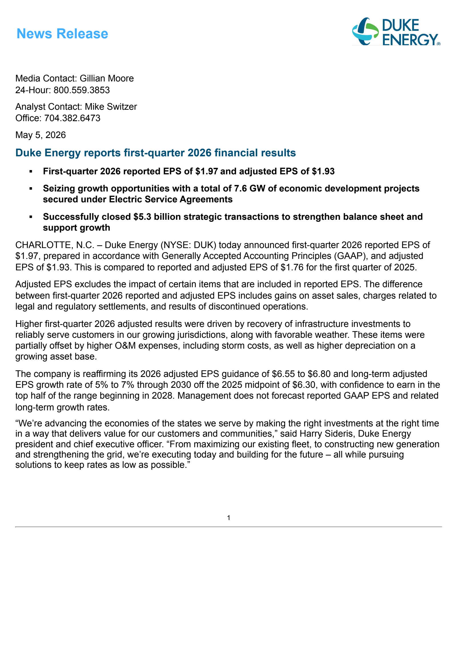 Duke Energy's Q1 2026 Press Release